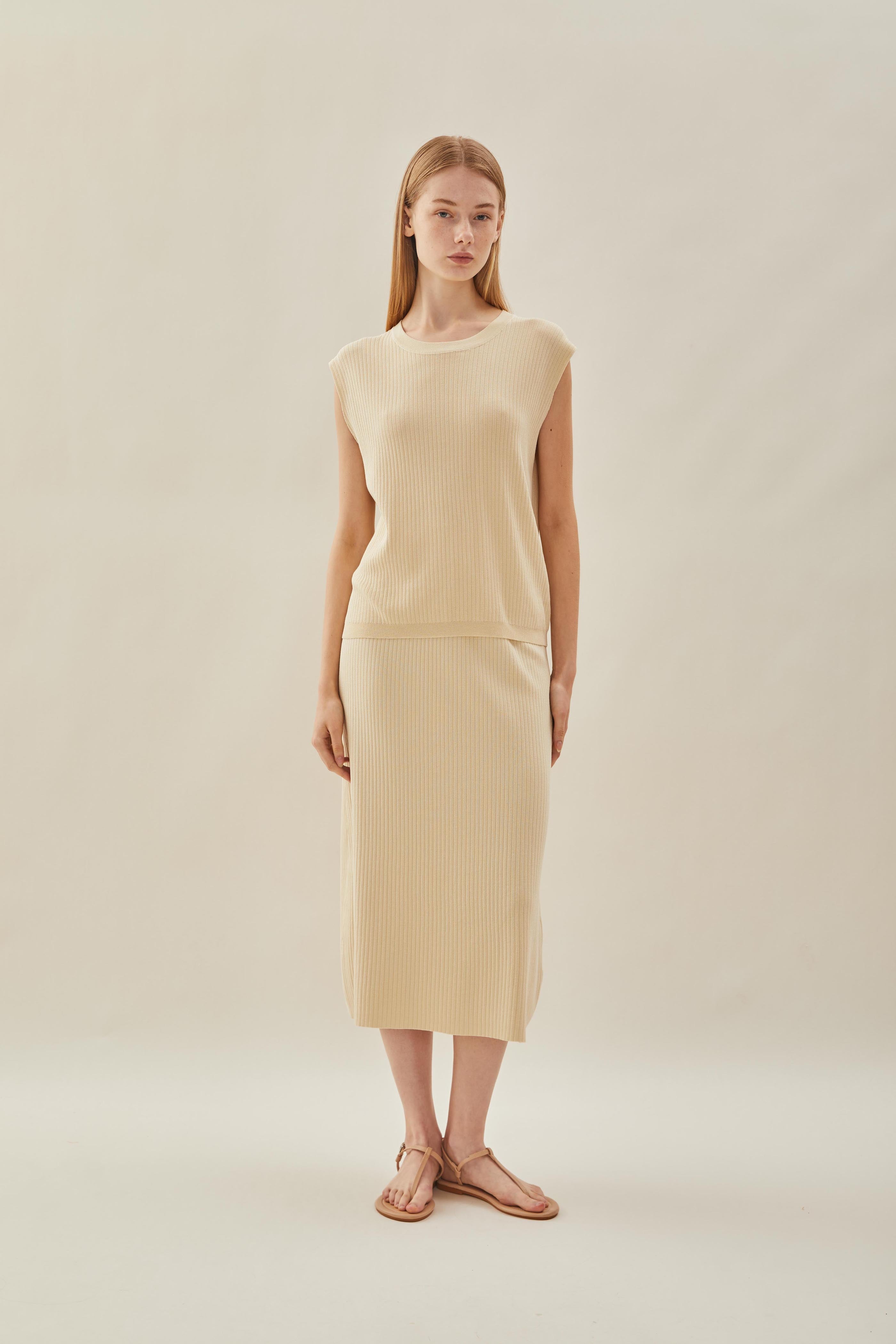 Knitted Round Neck Sleeveless Top in Natural