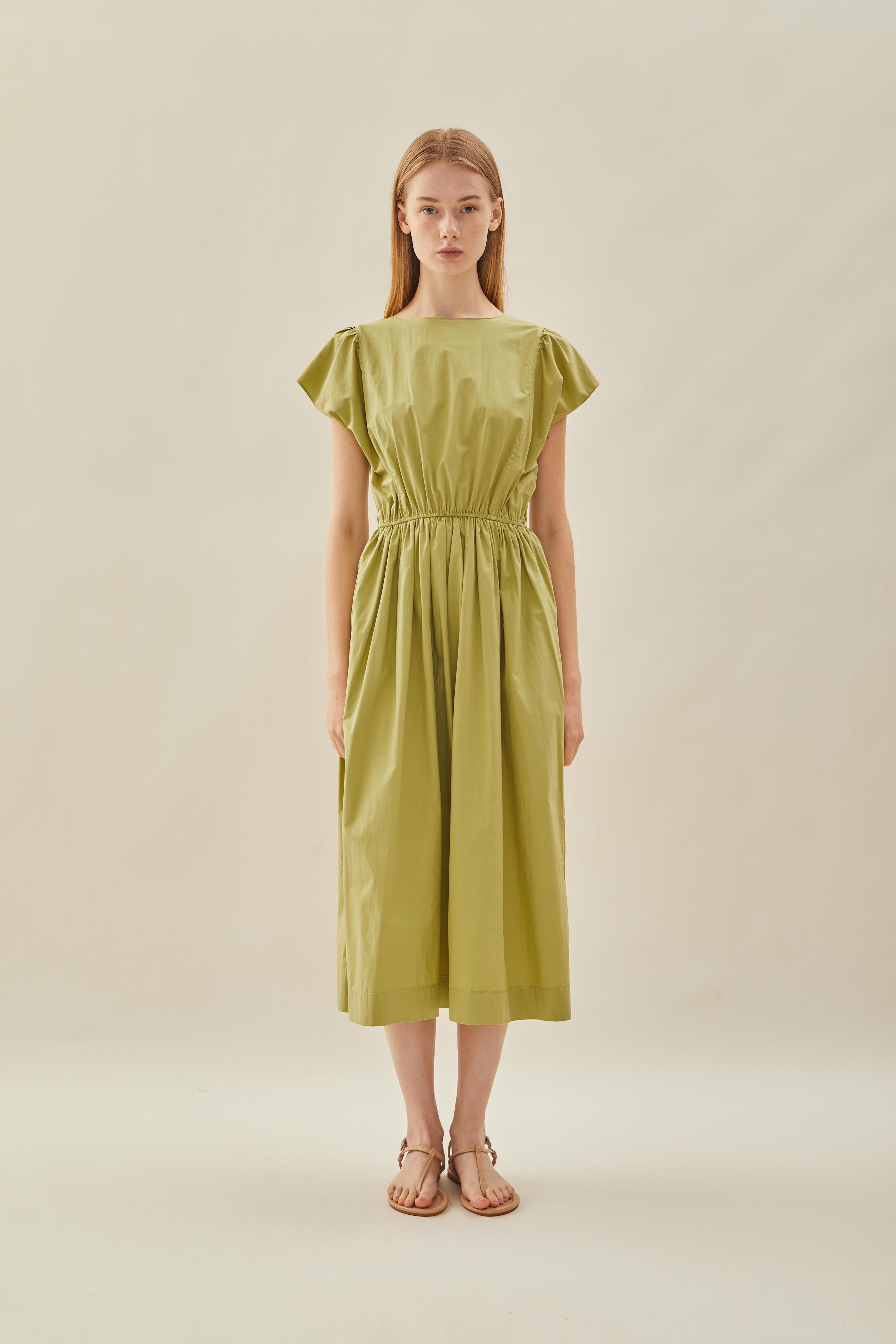 Cotton Gathered Waist Dress in Fern