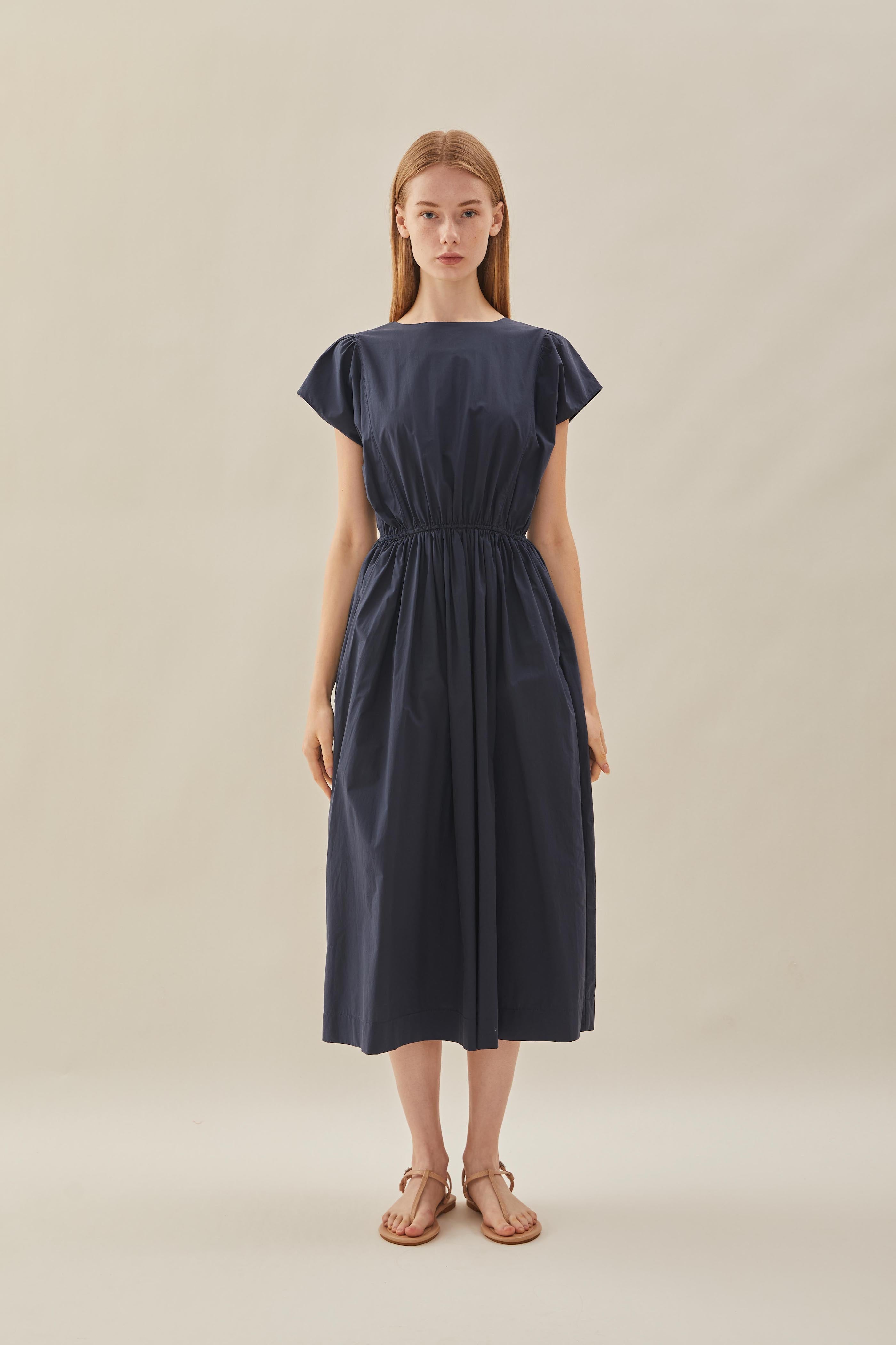 Cotton Gathered Waist Dress in Midnight