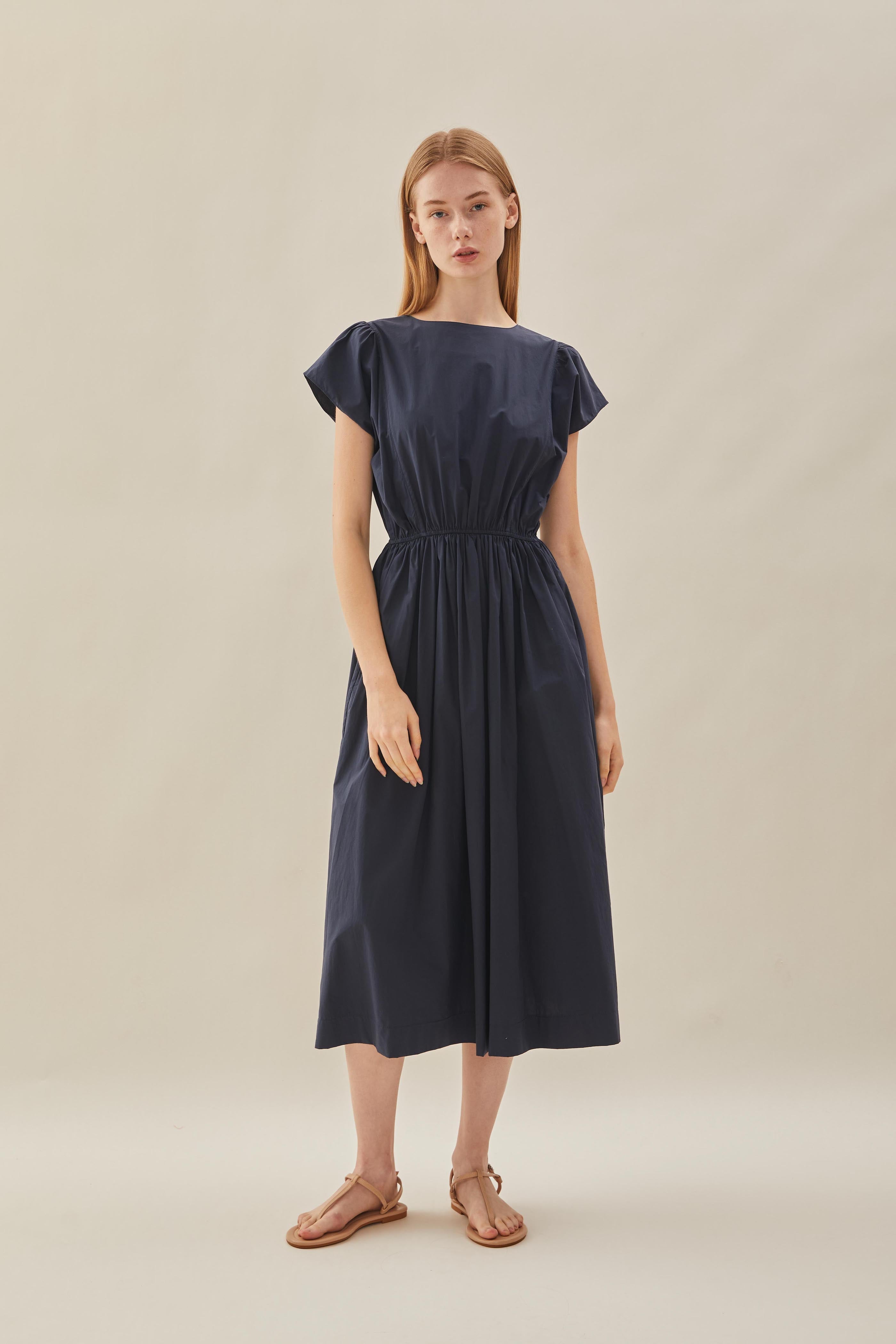 Cotton Gathered Waist Dress in Midnight