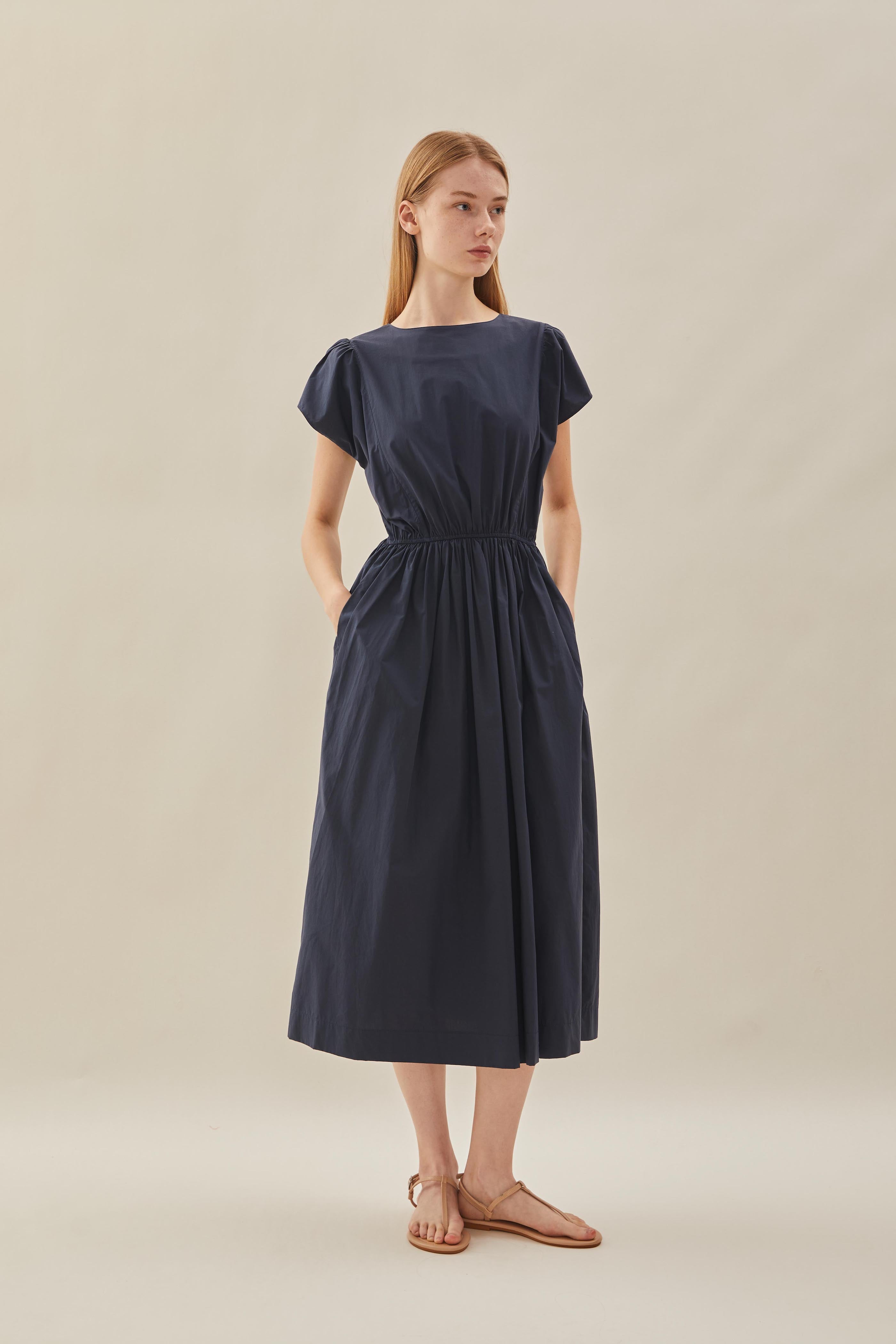 Cotton Gathered Waist Dress in Midnight