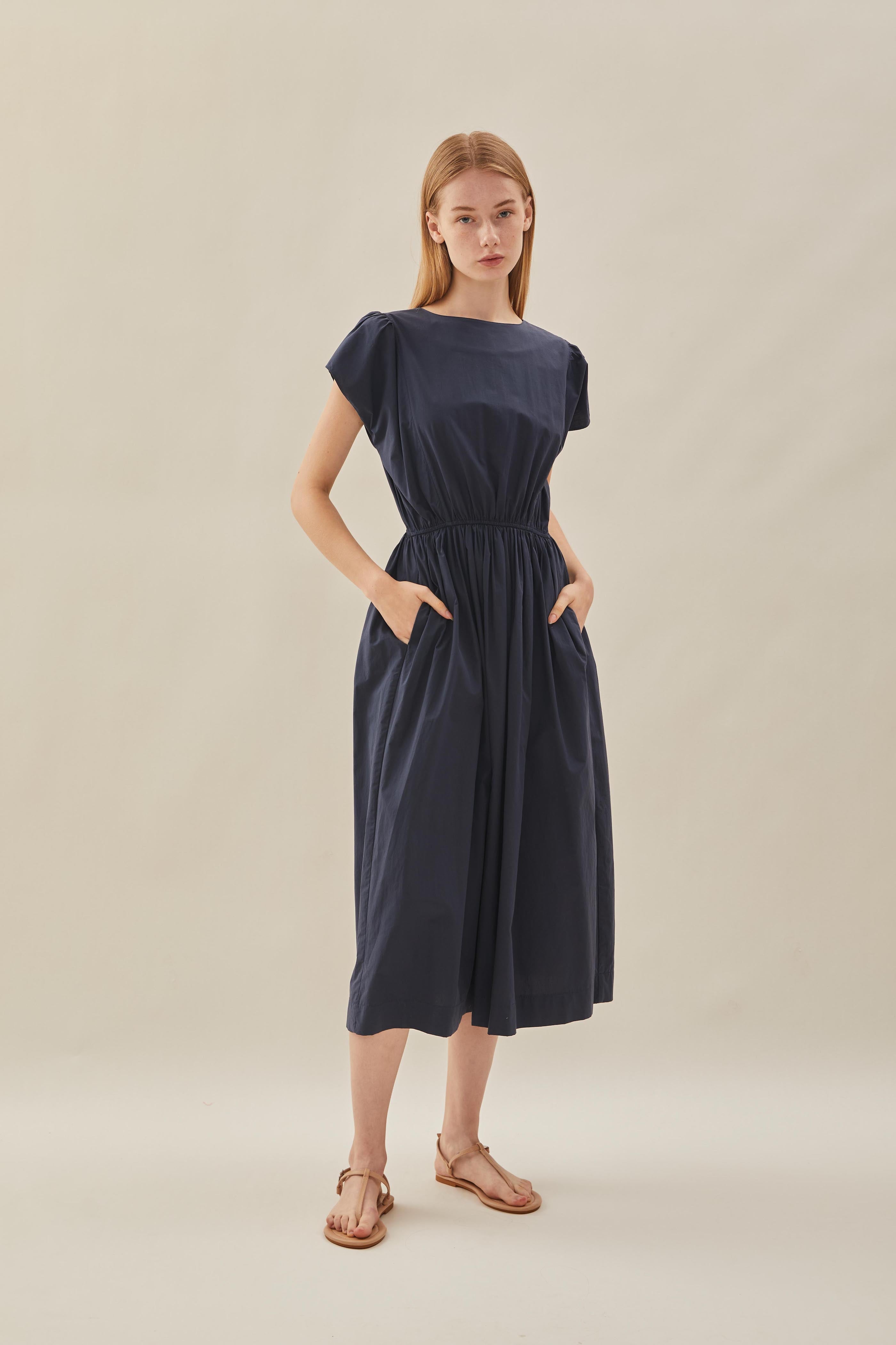 Cotton Gathered Waist Dress in Midnight
