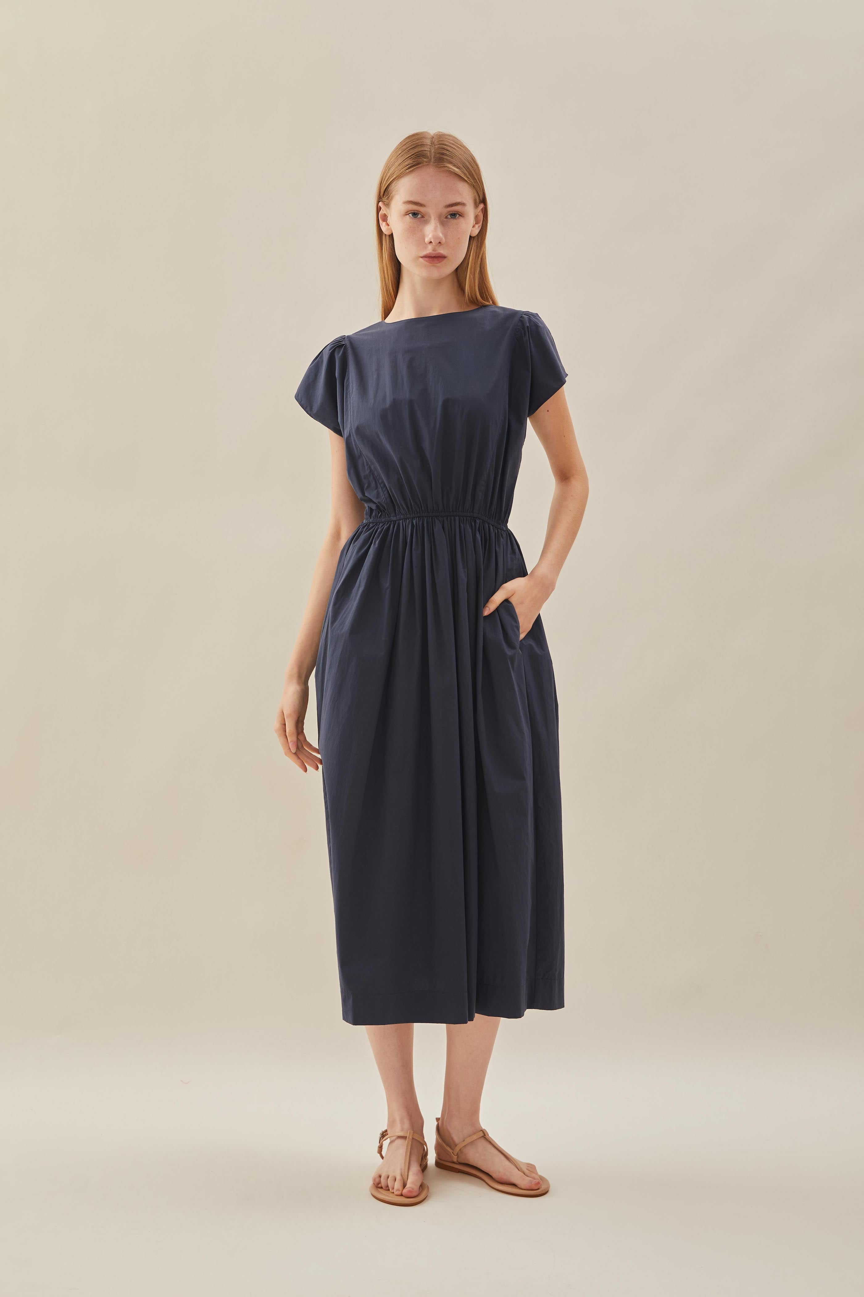 Cotton Gathered Waist Dress in Midnight