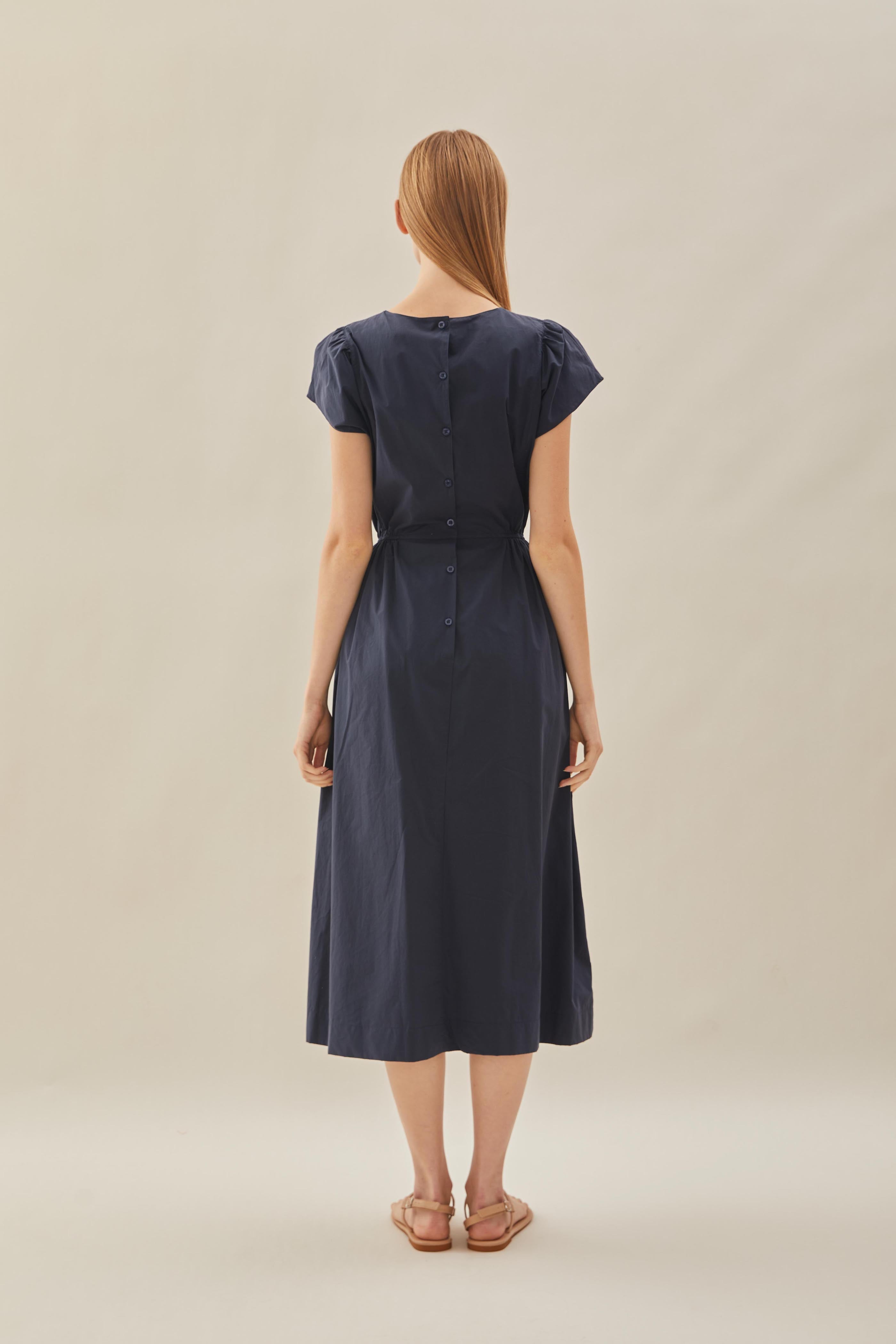 Cotton Gathered Waist Dress in Midnight