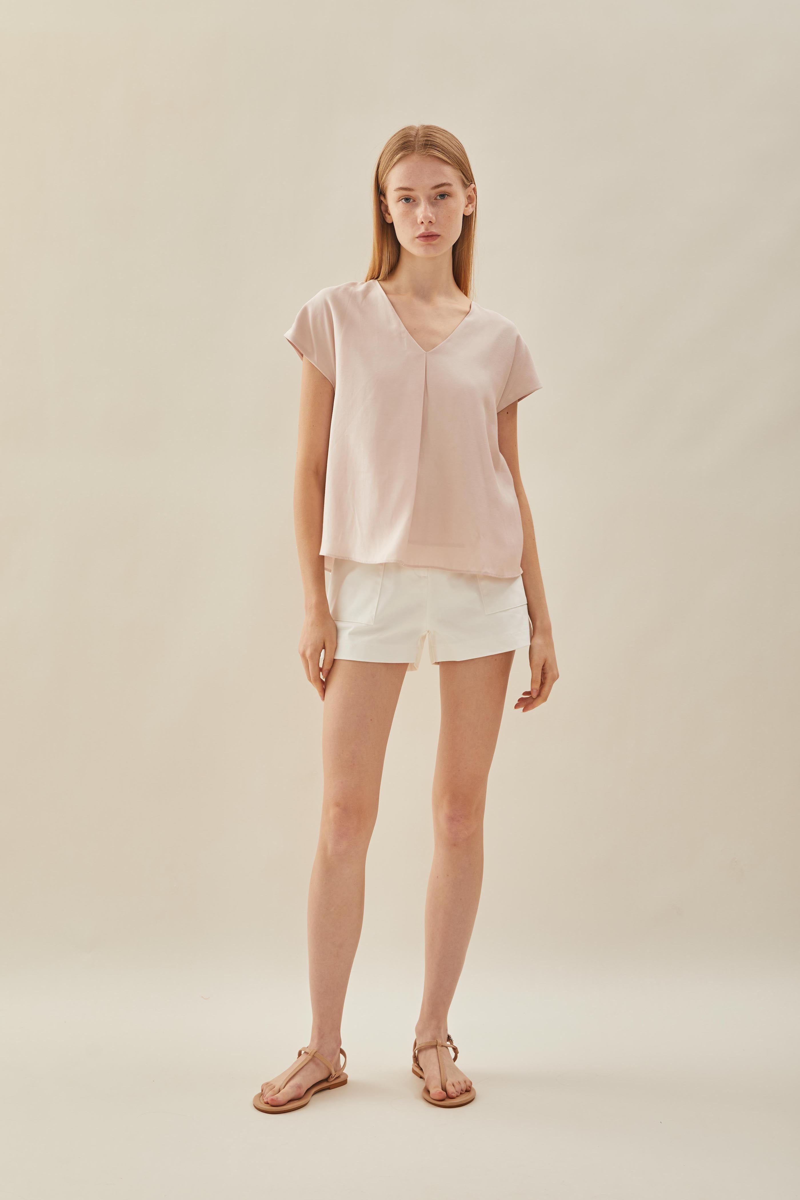 V Neck Sleeved Top in Petal Pink