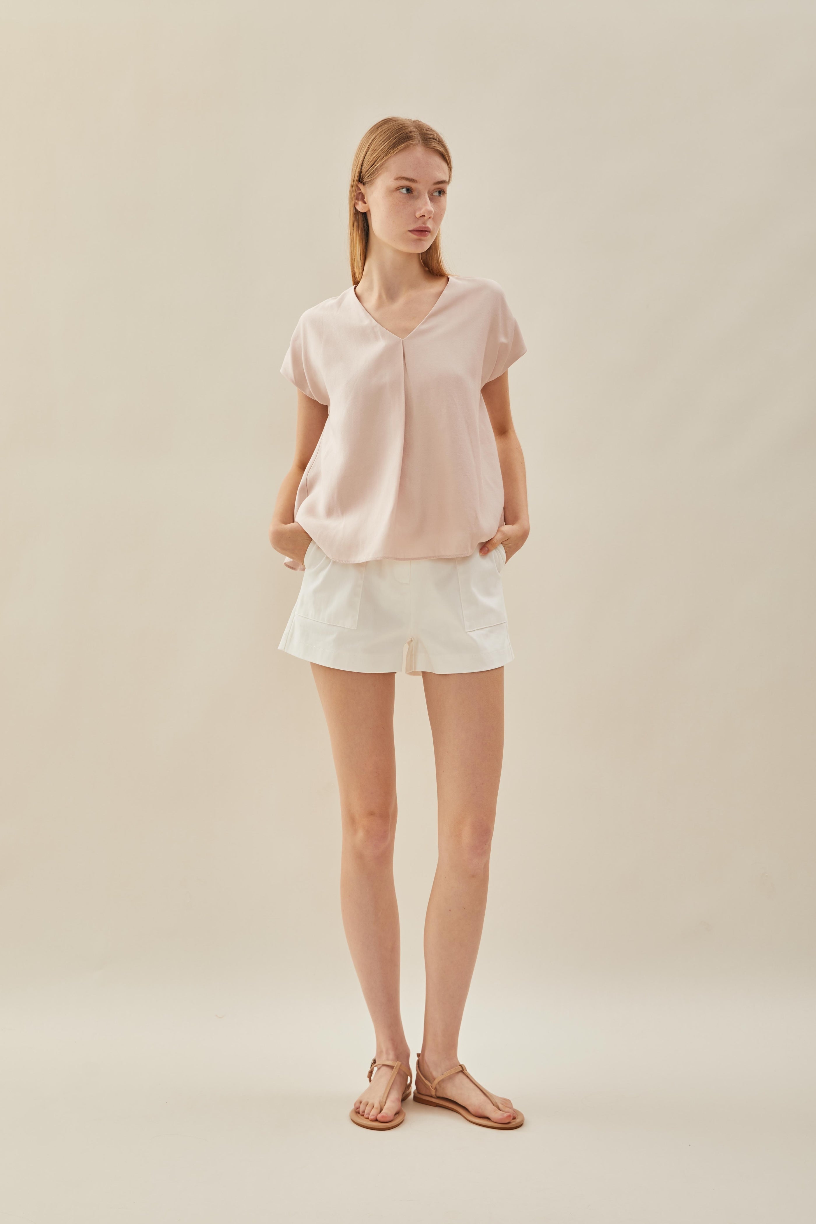 V Neck Sleeved Top in Petal Pink