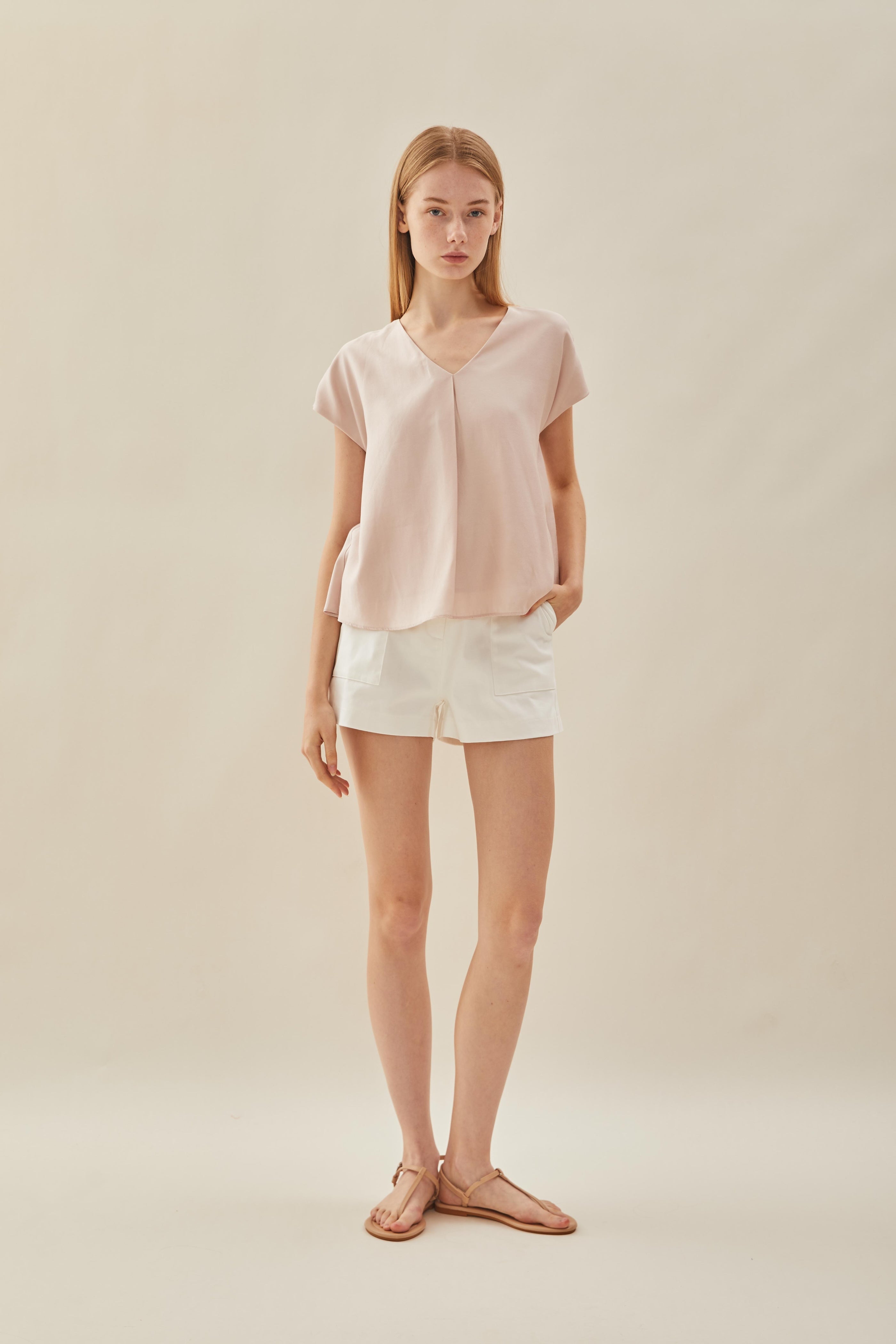 V Neck Sleeved Top in Petal Pink