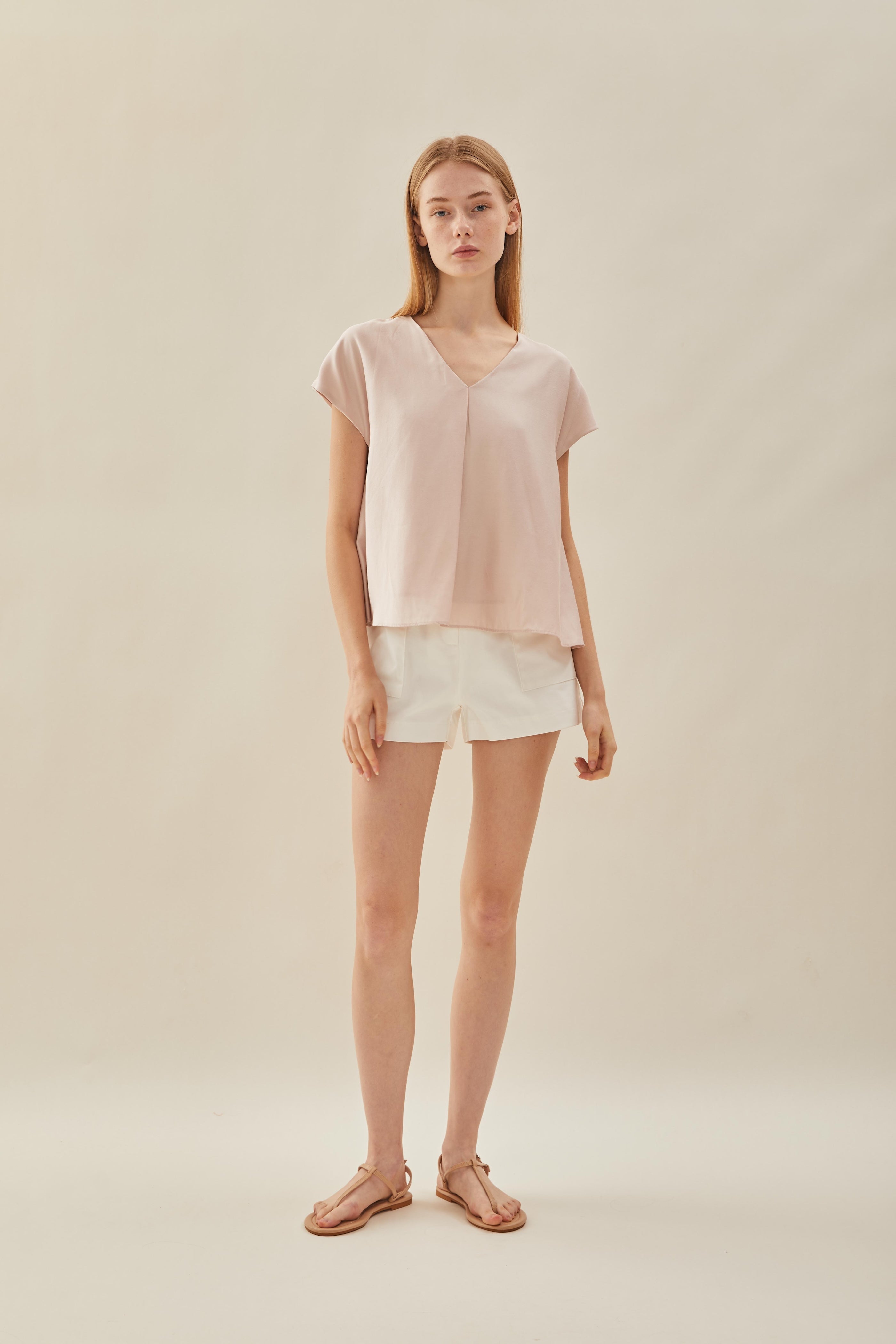 V Neck Sleeved Top in Petal Pink