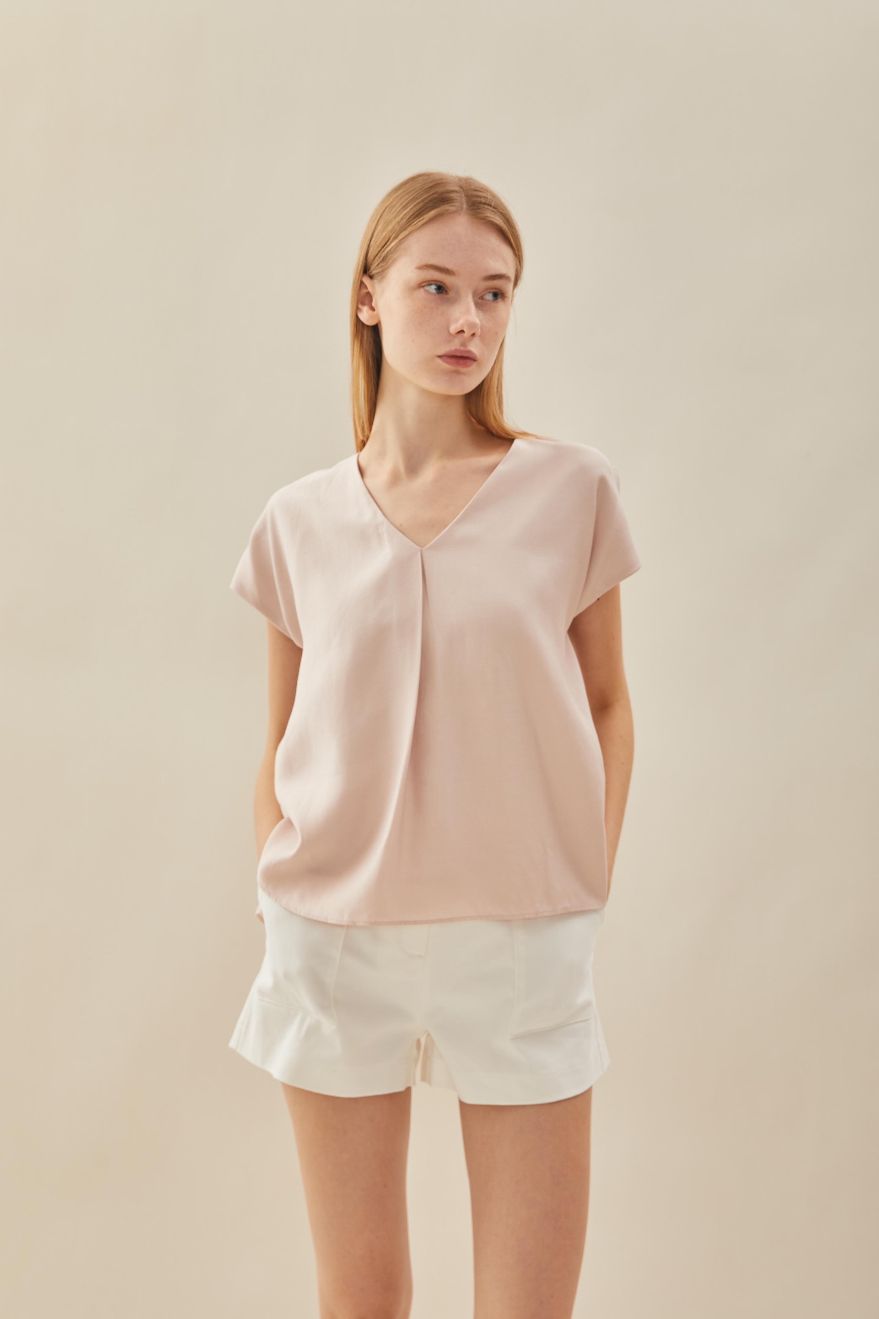 V Neck Sleeved Top in Petal Pink