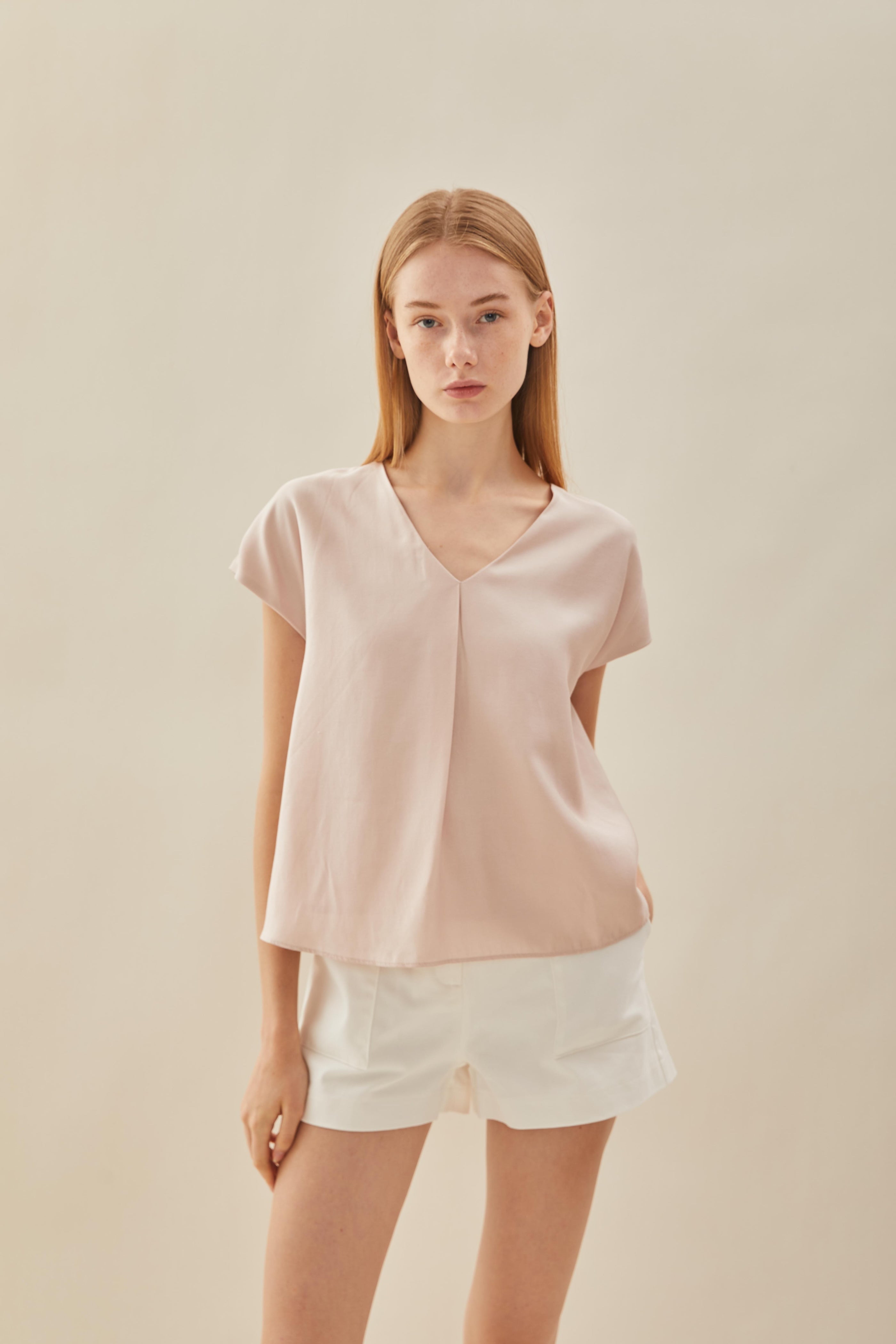 V Neck Sleeved Top in Petal Pink