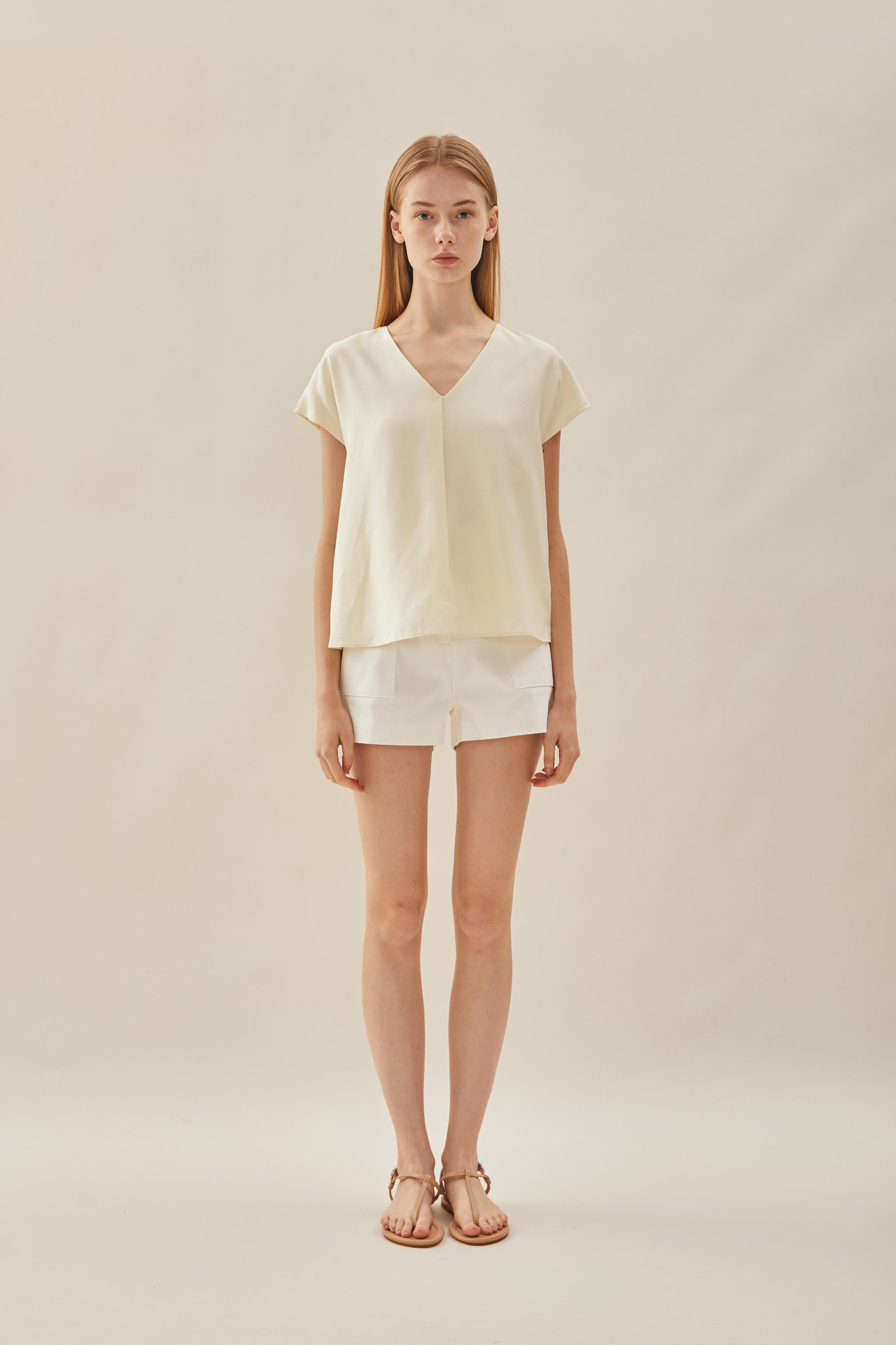 V Neck Sleeved Top in Natural