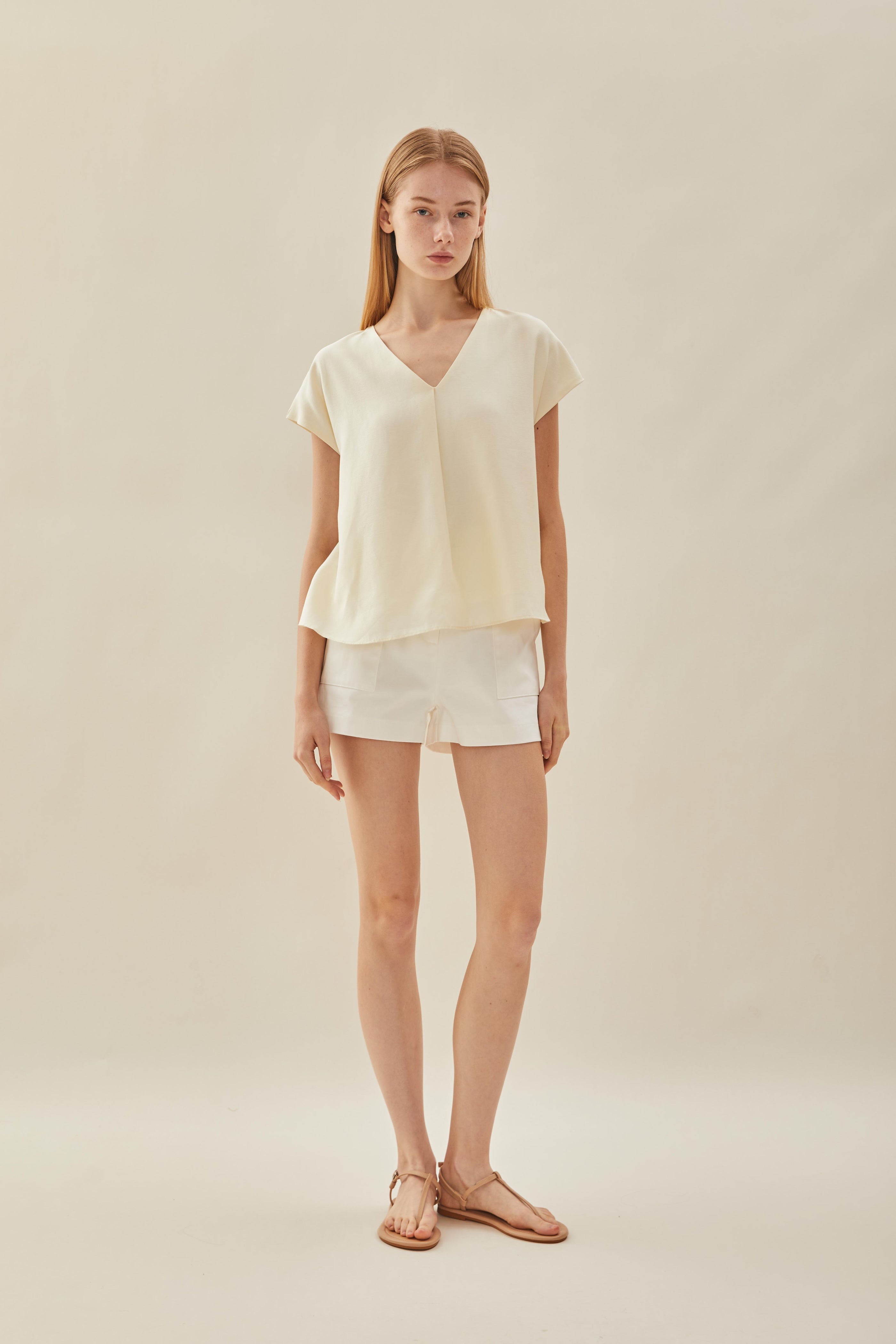 V Neck Sleeved Top in Natural