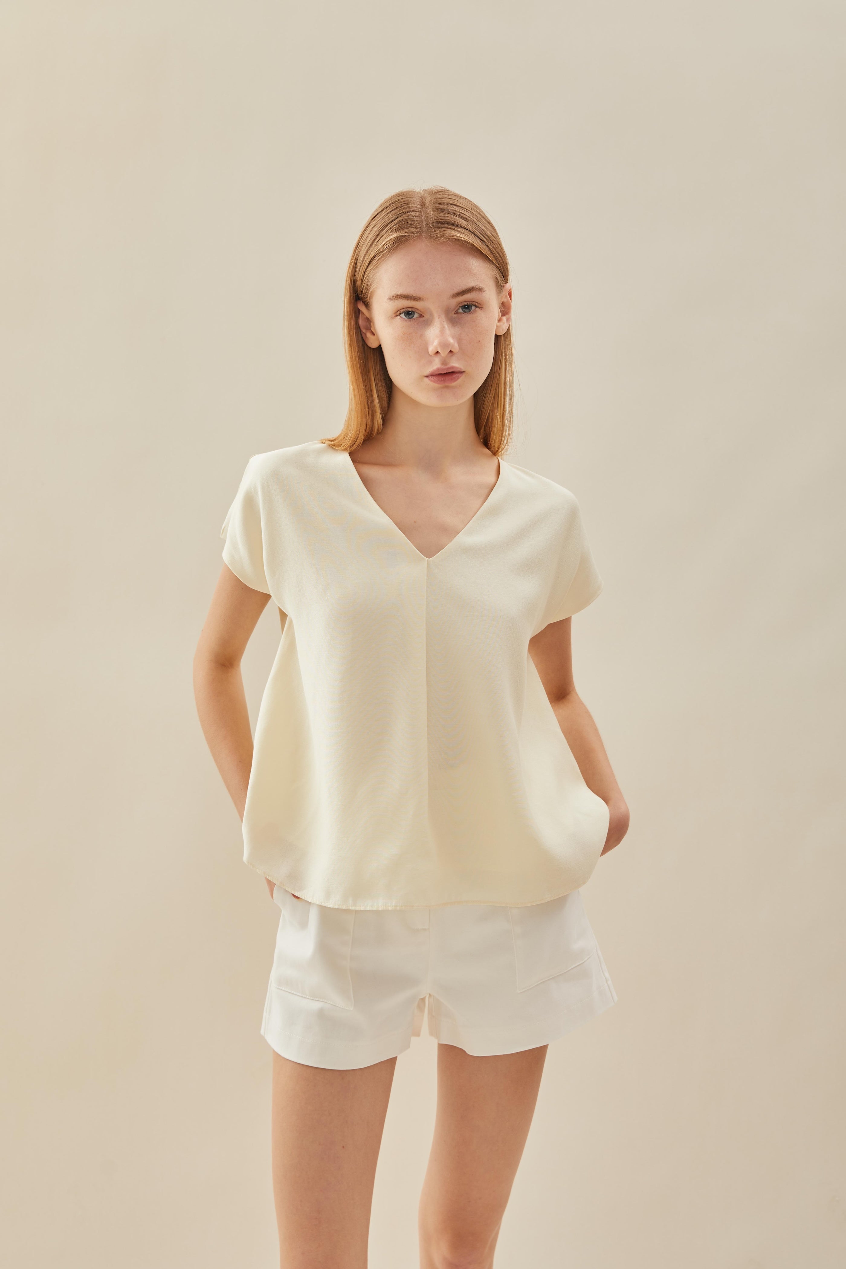 V Neck Sleeved Top in Natural