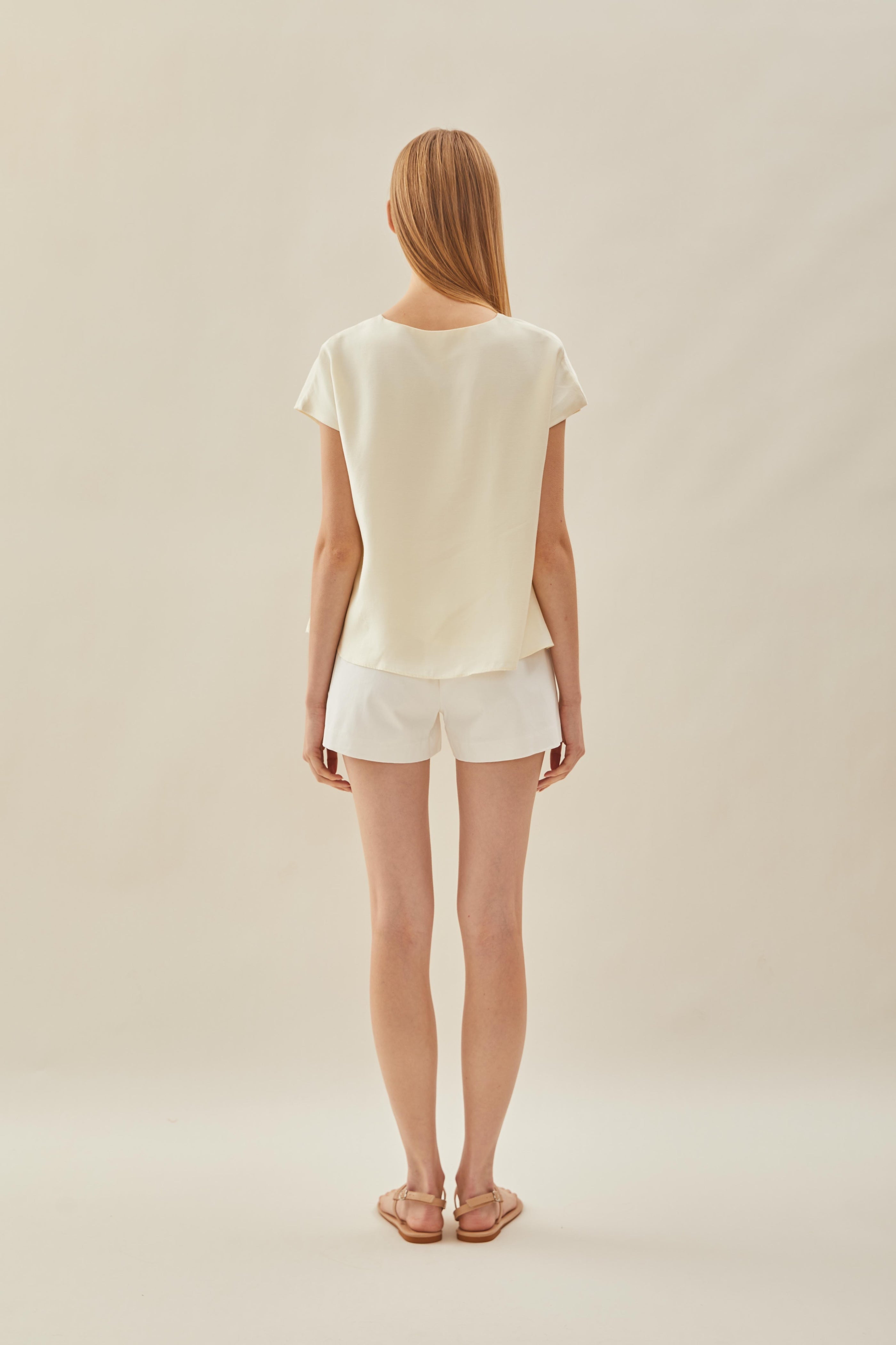 V Neck Sleeved Top in Natural