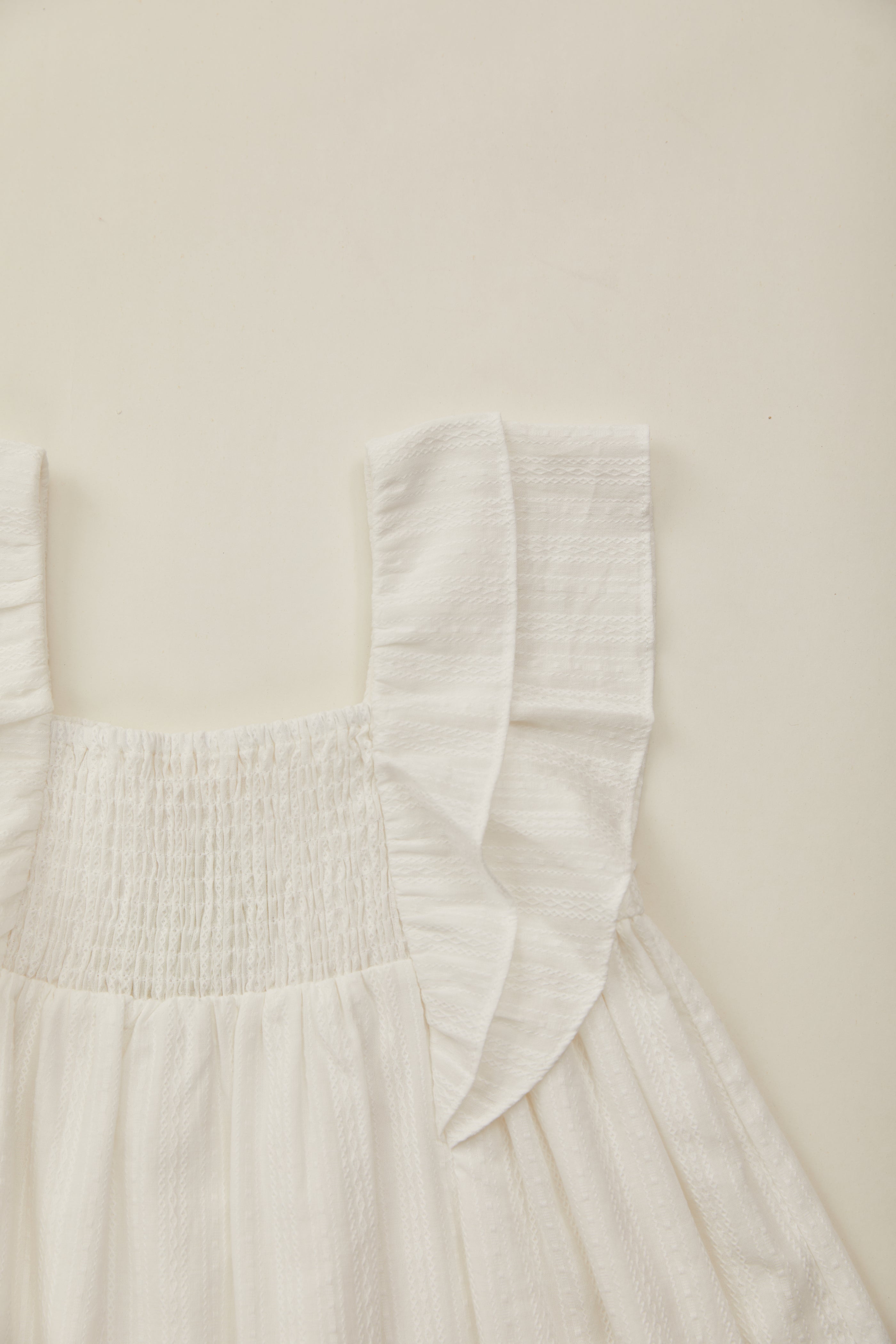 Mini Flutter Strap Shirred Dress in White