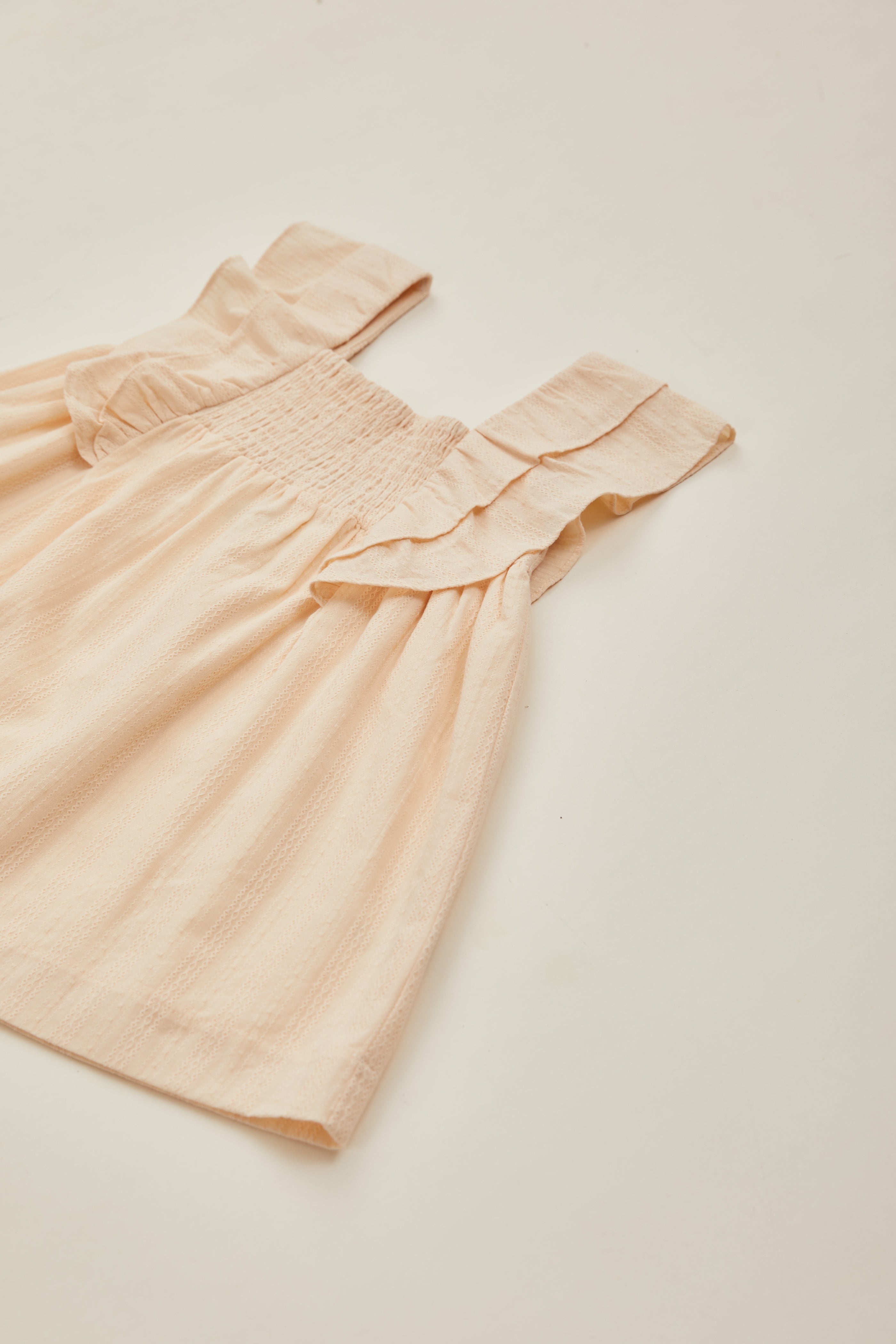 Mini Flutter Strap Shirred Dress in Oatmeal