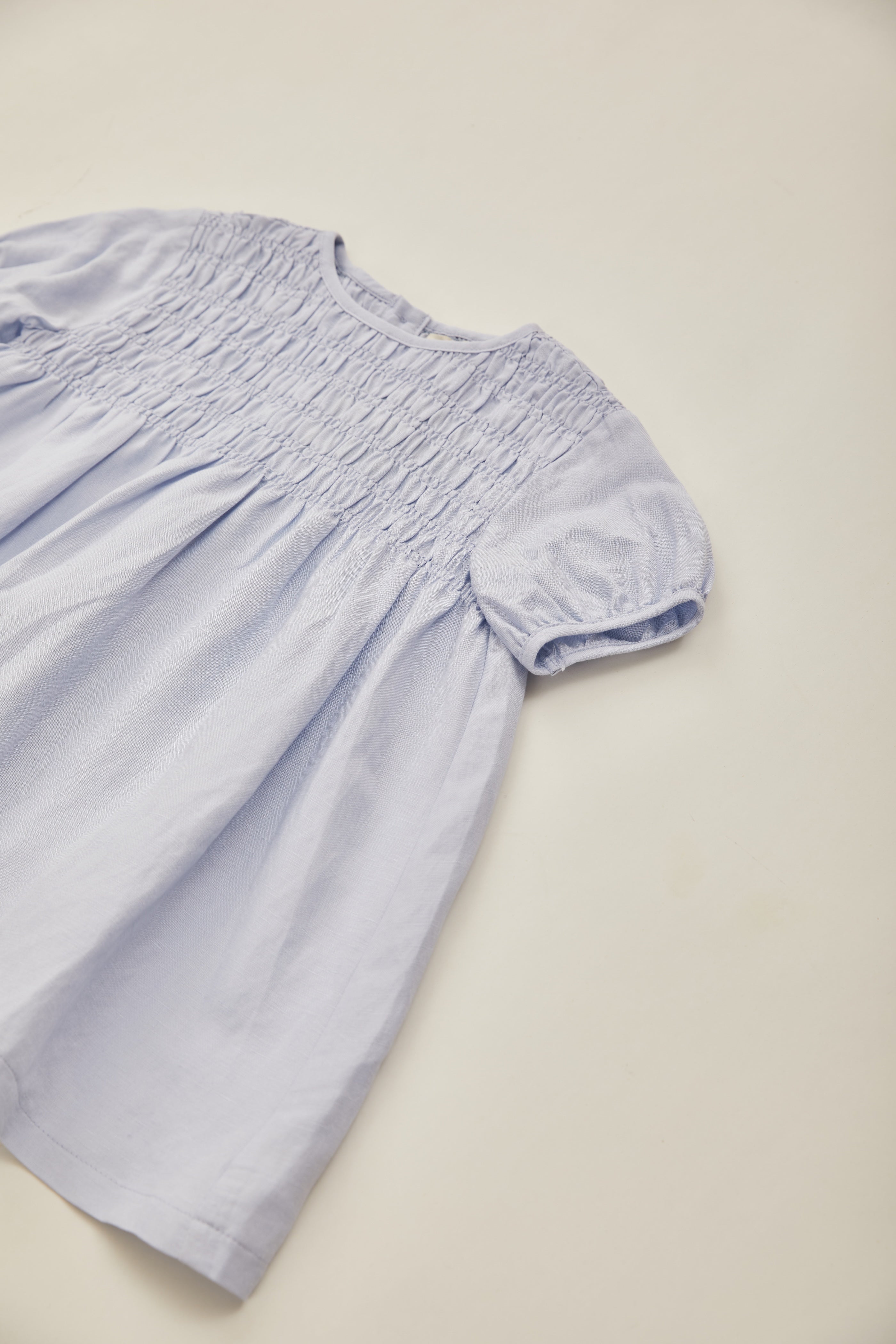 Mini Shirred Babydoll Dress in Mist Blue