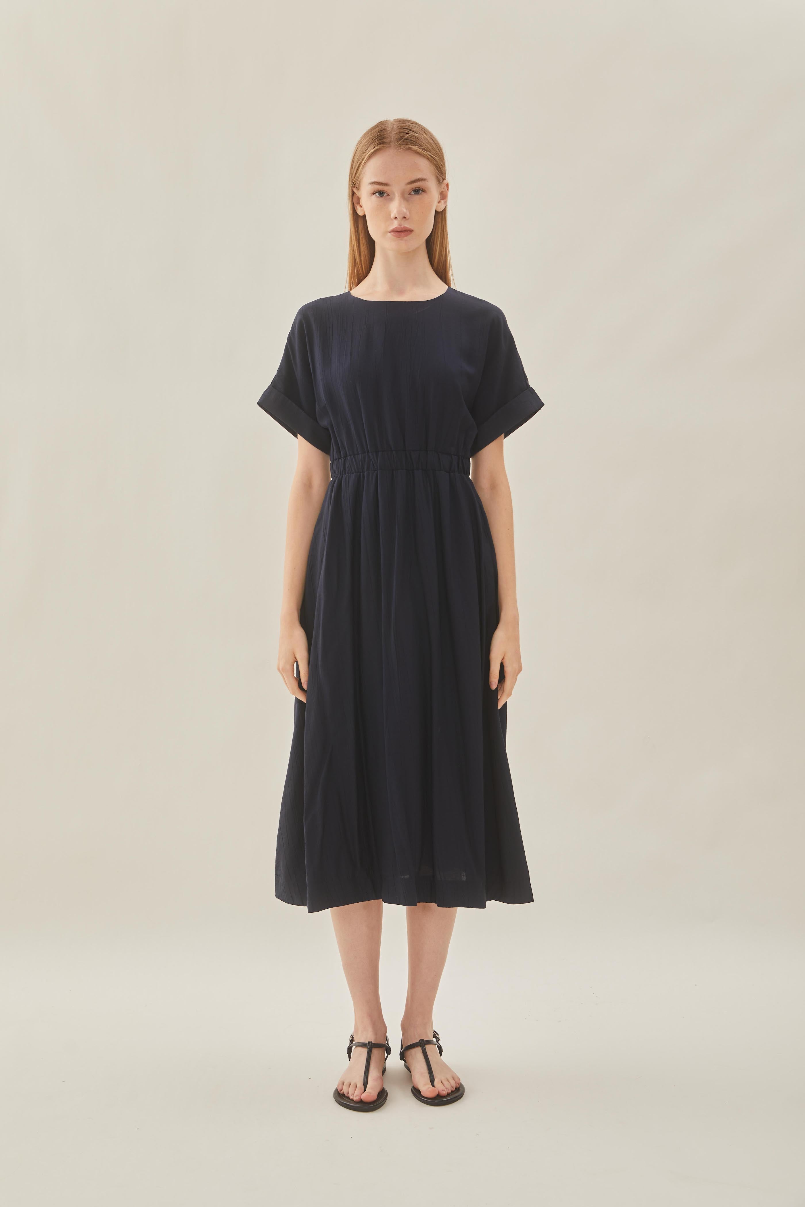 Textured Gathered Waist Dress in Midnight