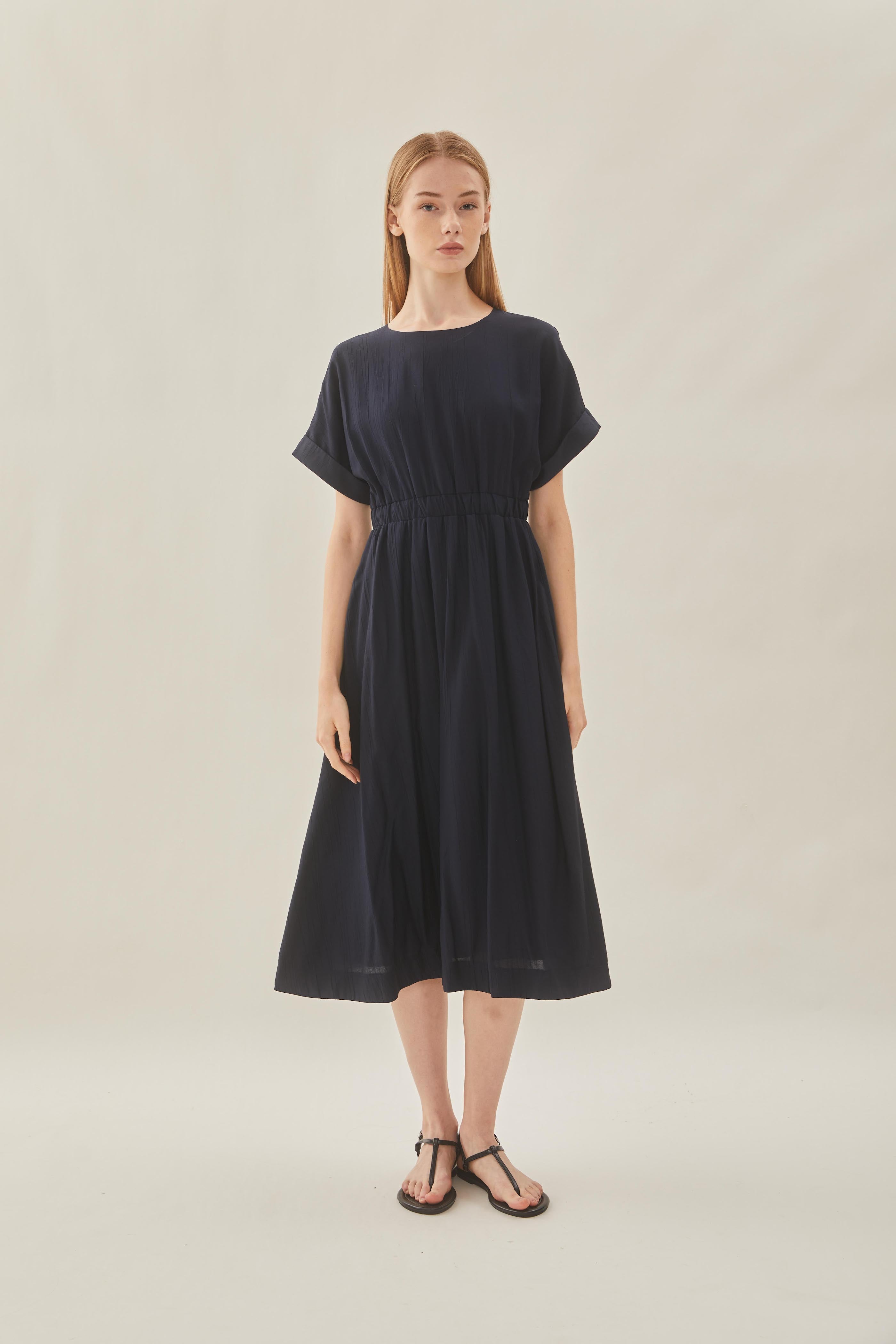 Textured Gathered Waist Dress in Midnight