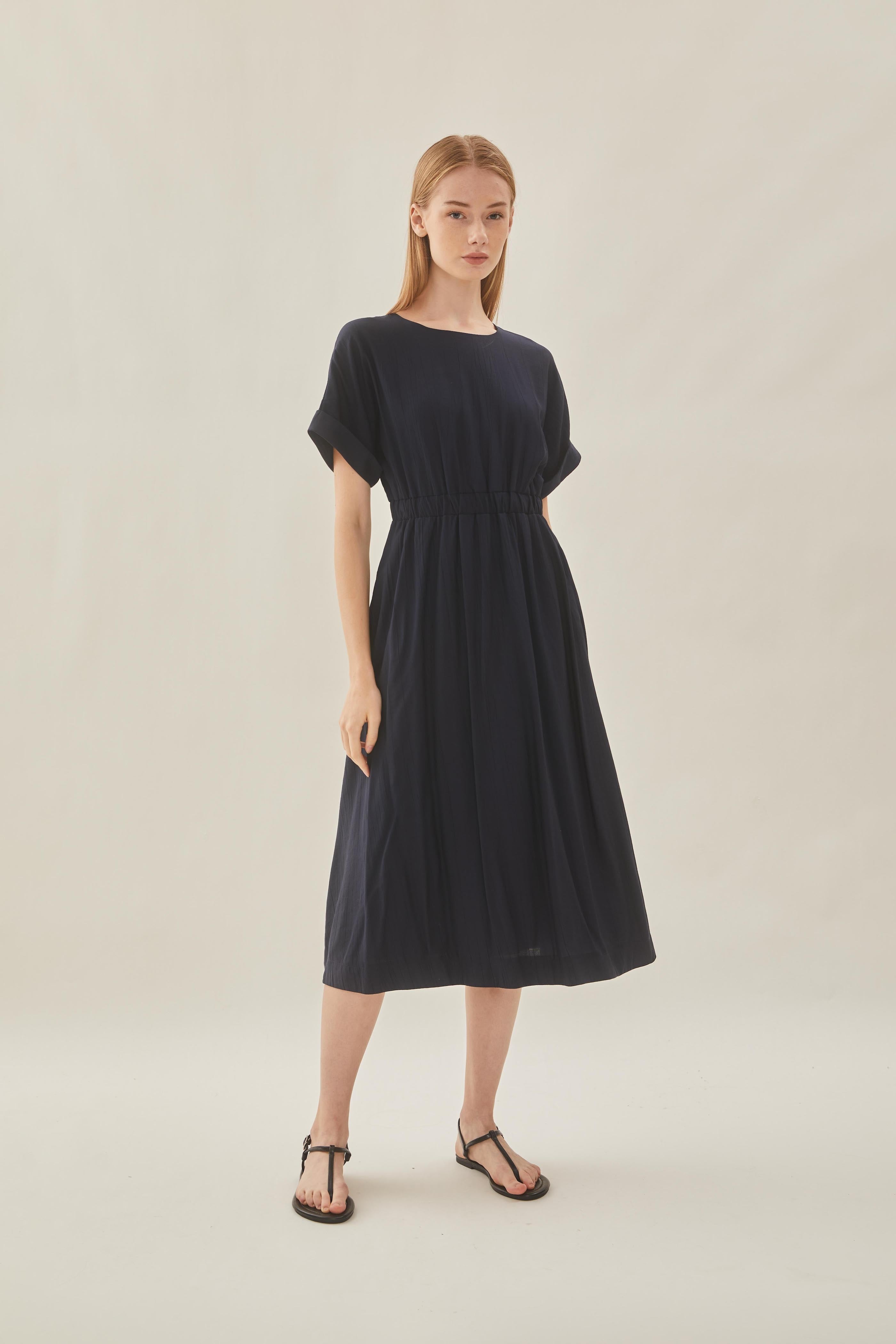 Textured Gathered Waist Dress in Midnight