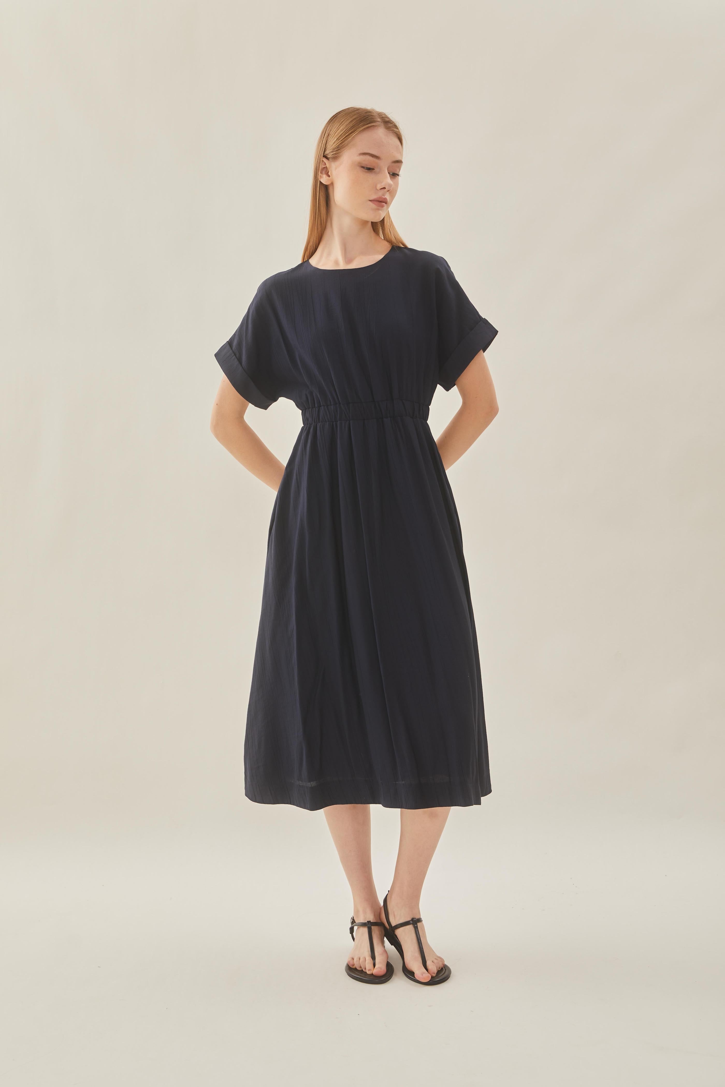 Textured Gathered Waist Dress in Midnight