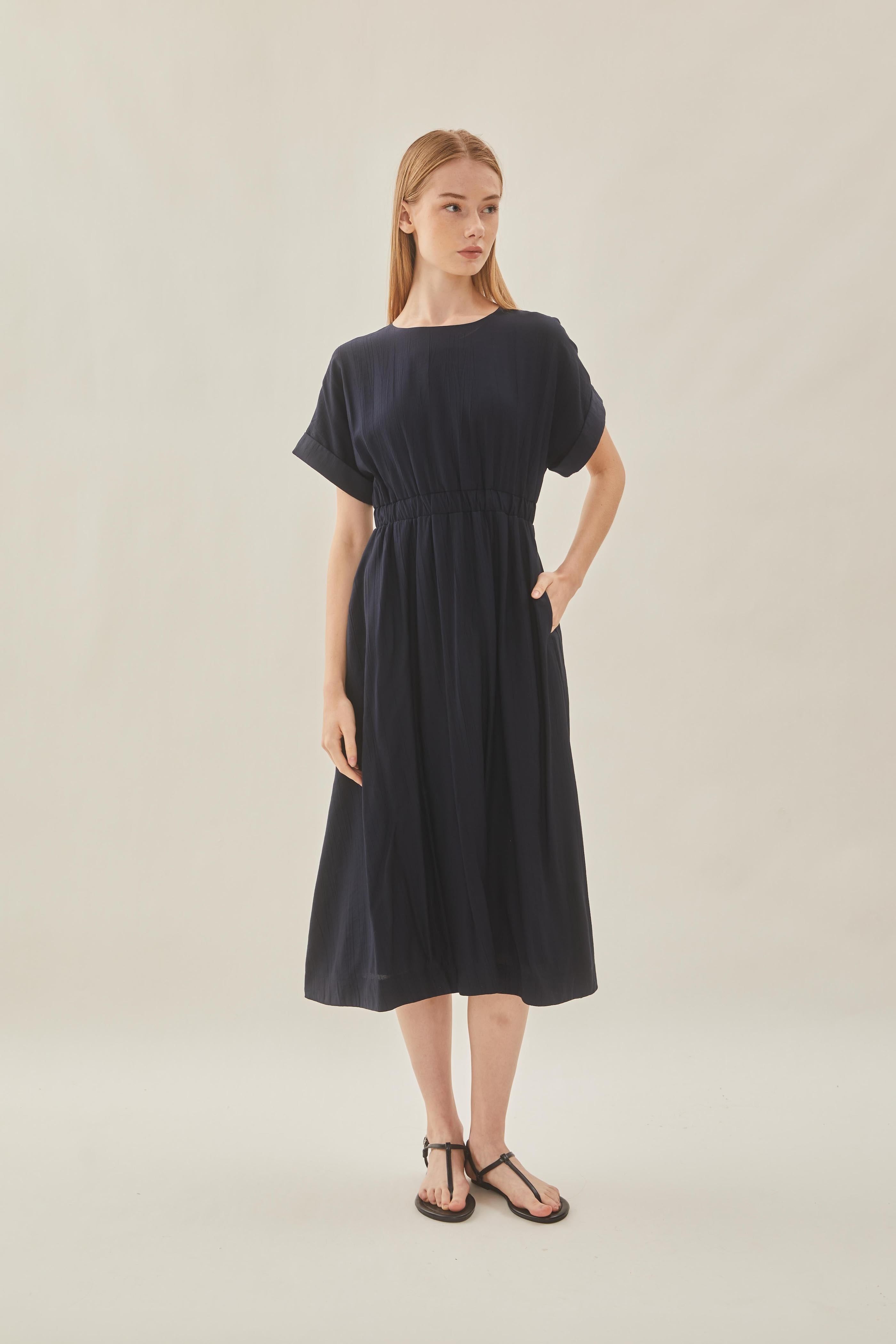 Textured Gathered Waist Dress in Midnight