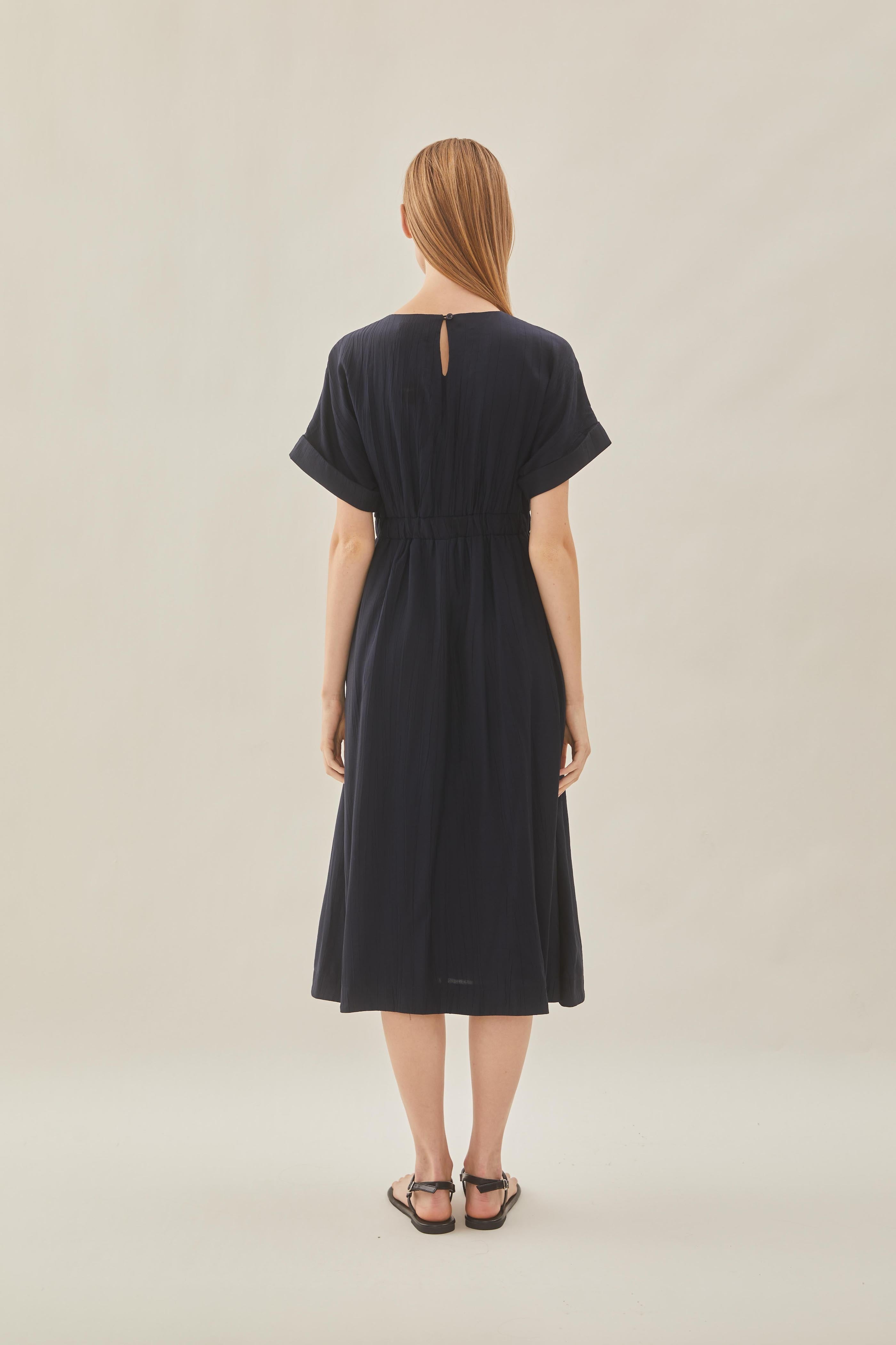 Textured Gathered Waist Dress in Midnight