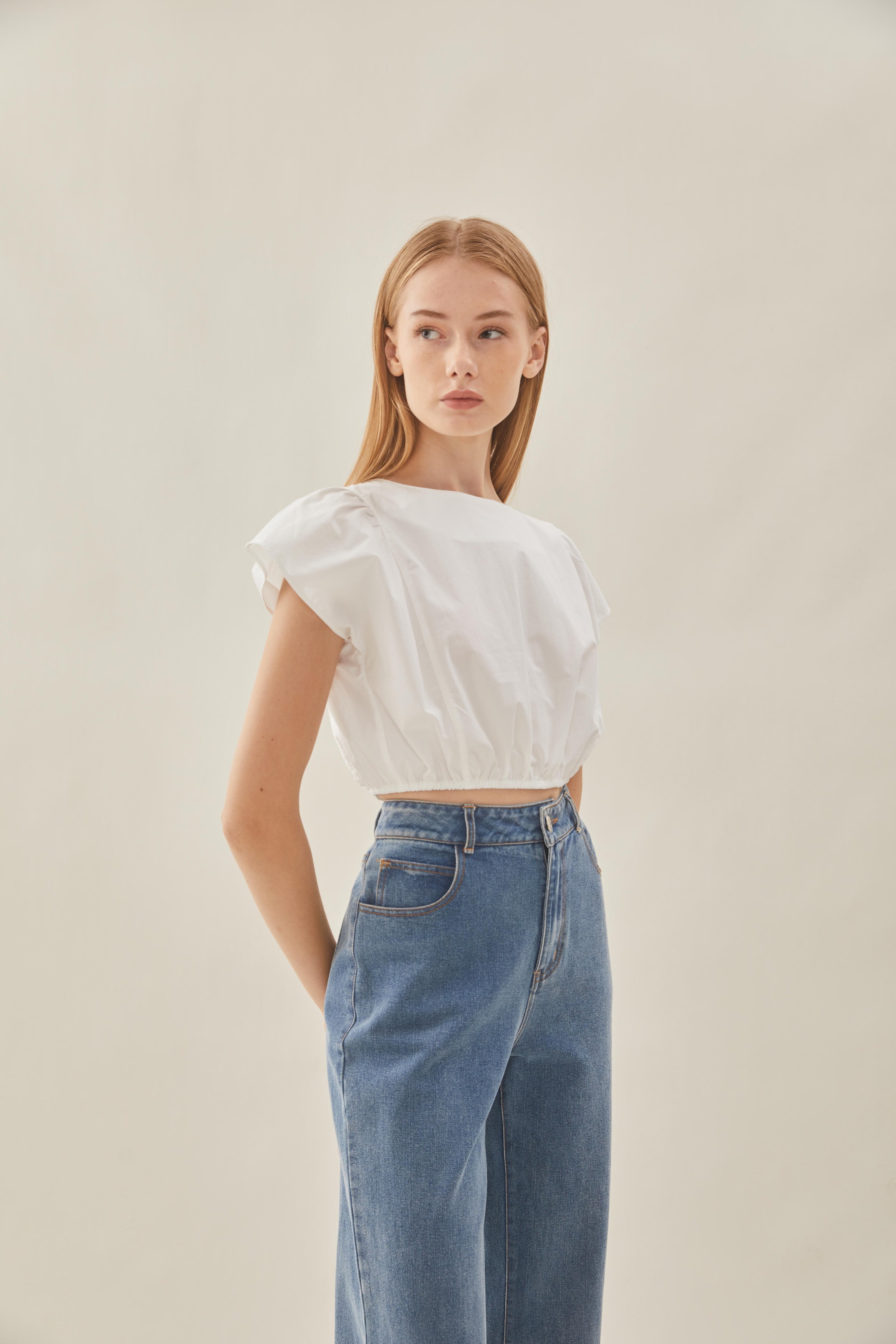 Cropped Button Back Top in White