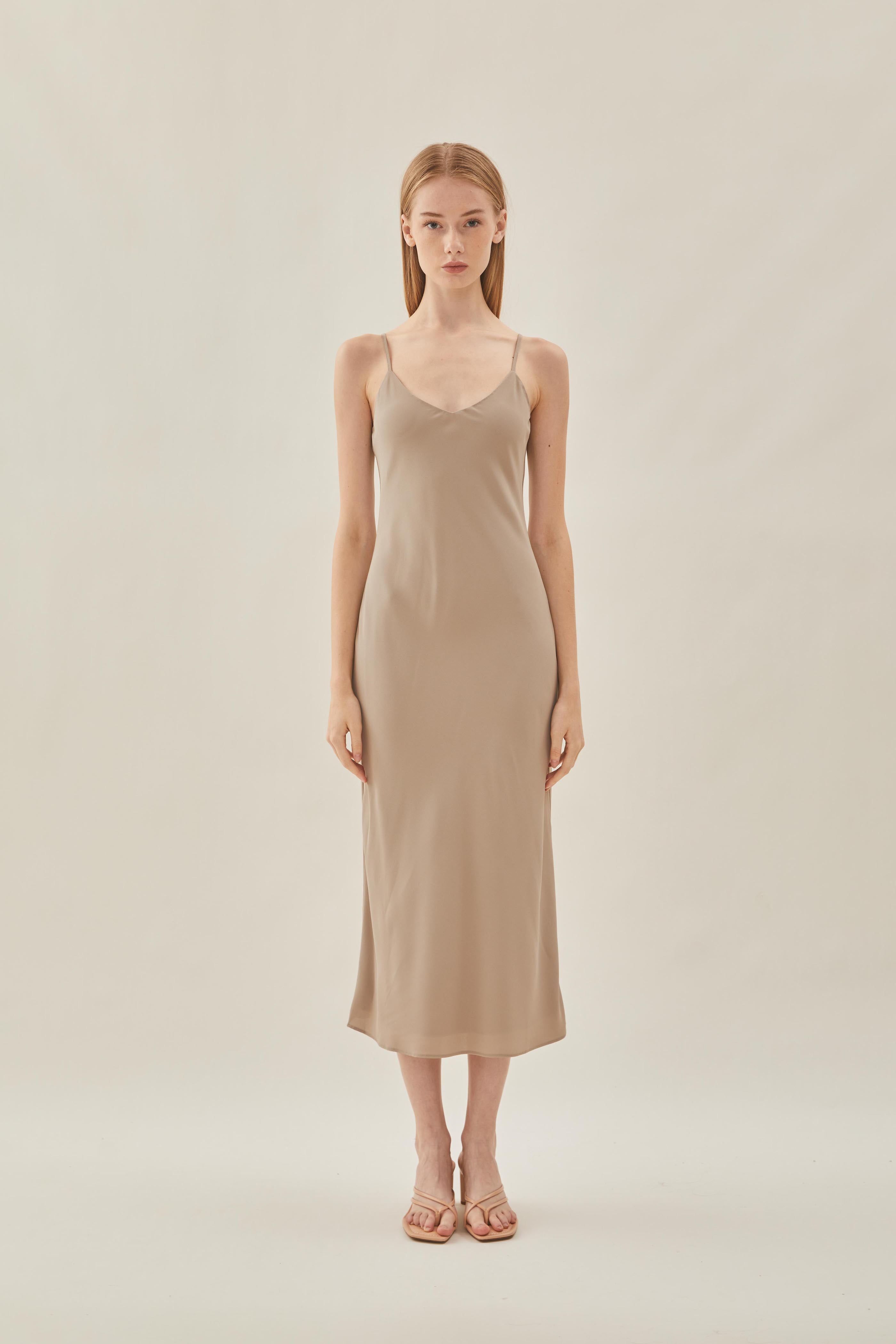 V Neck Slip Dress in Taupe