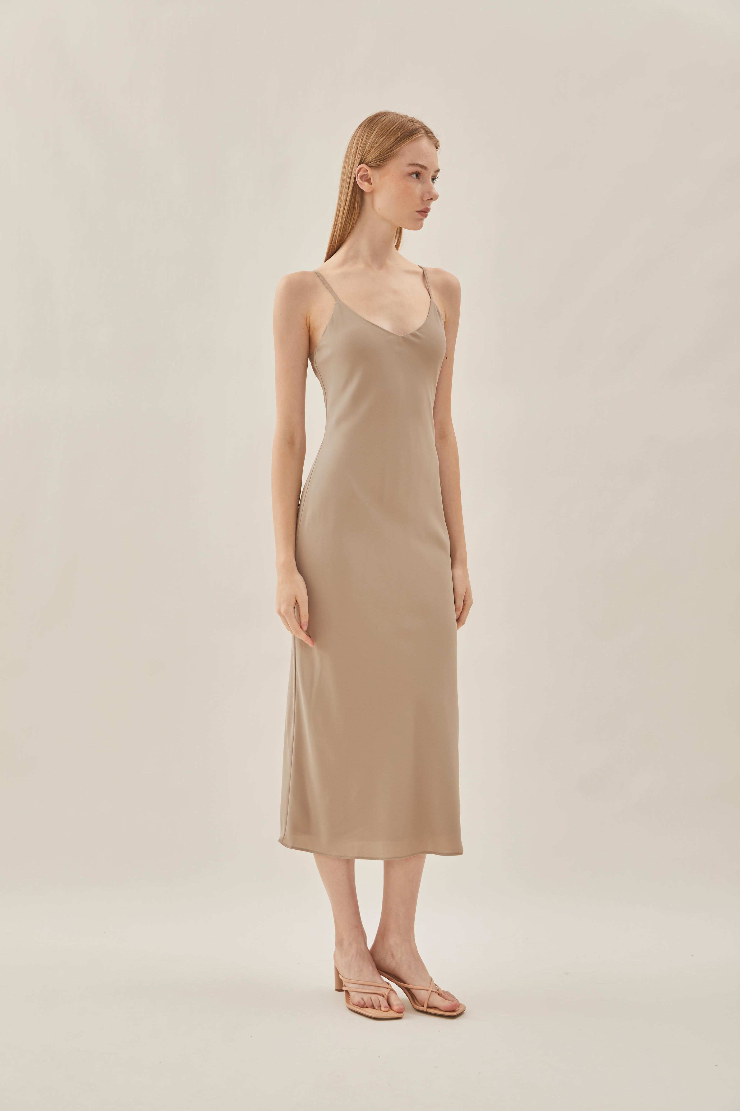 V Neck Slip Dress in Taupe