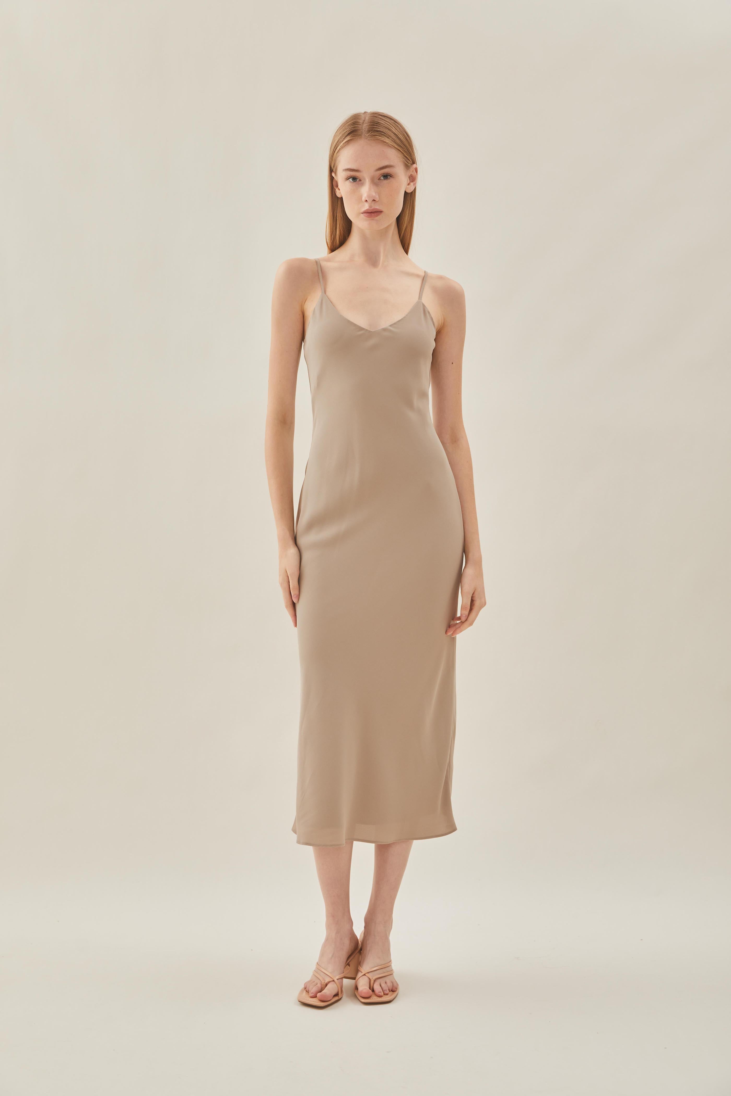 V Neck Slip Dress in Taupe