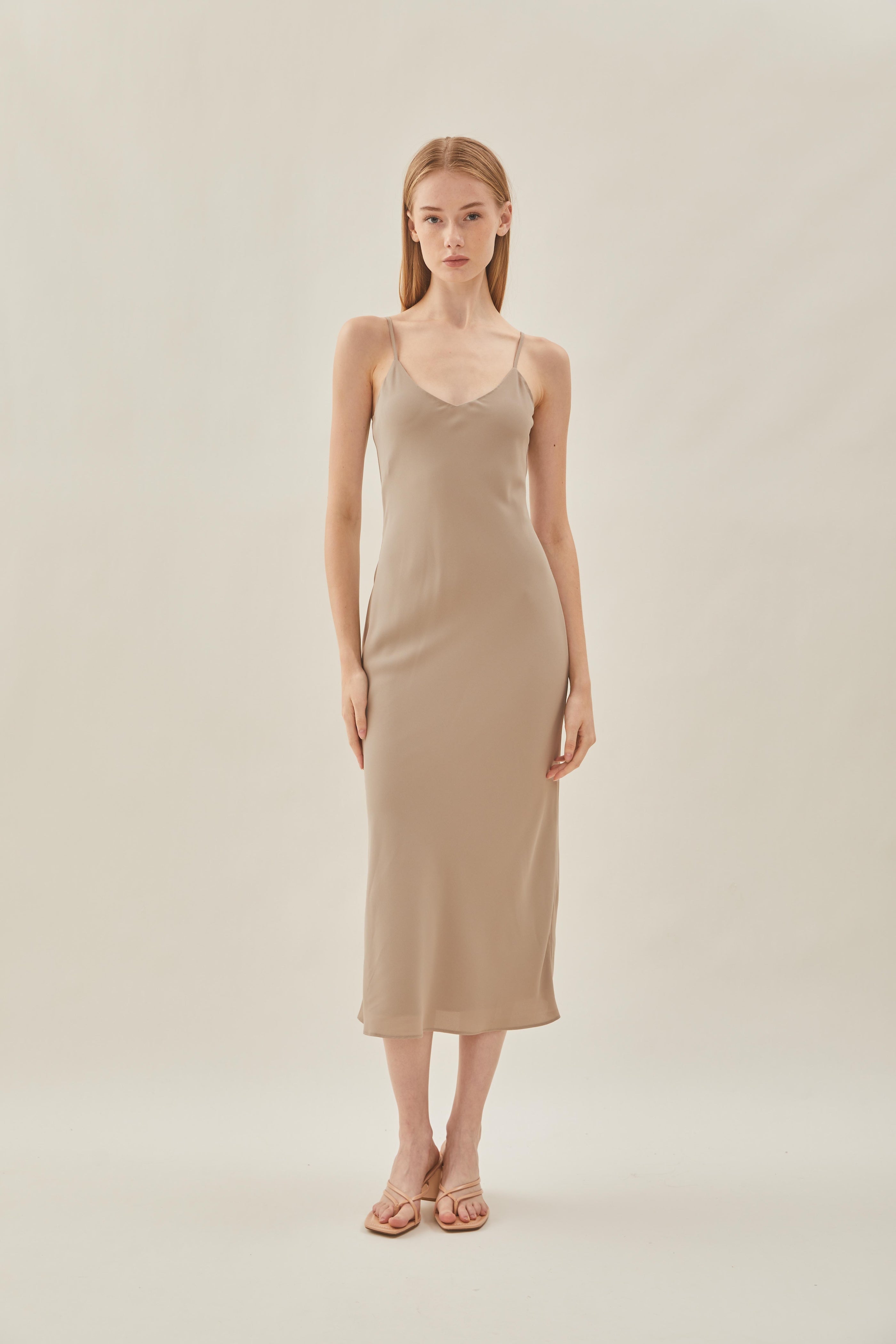V Neck Slip Dress in Taupe