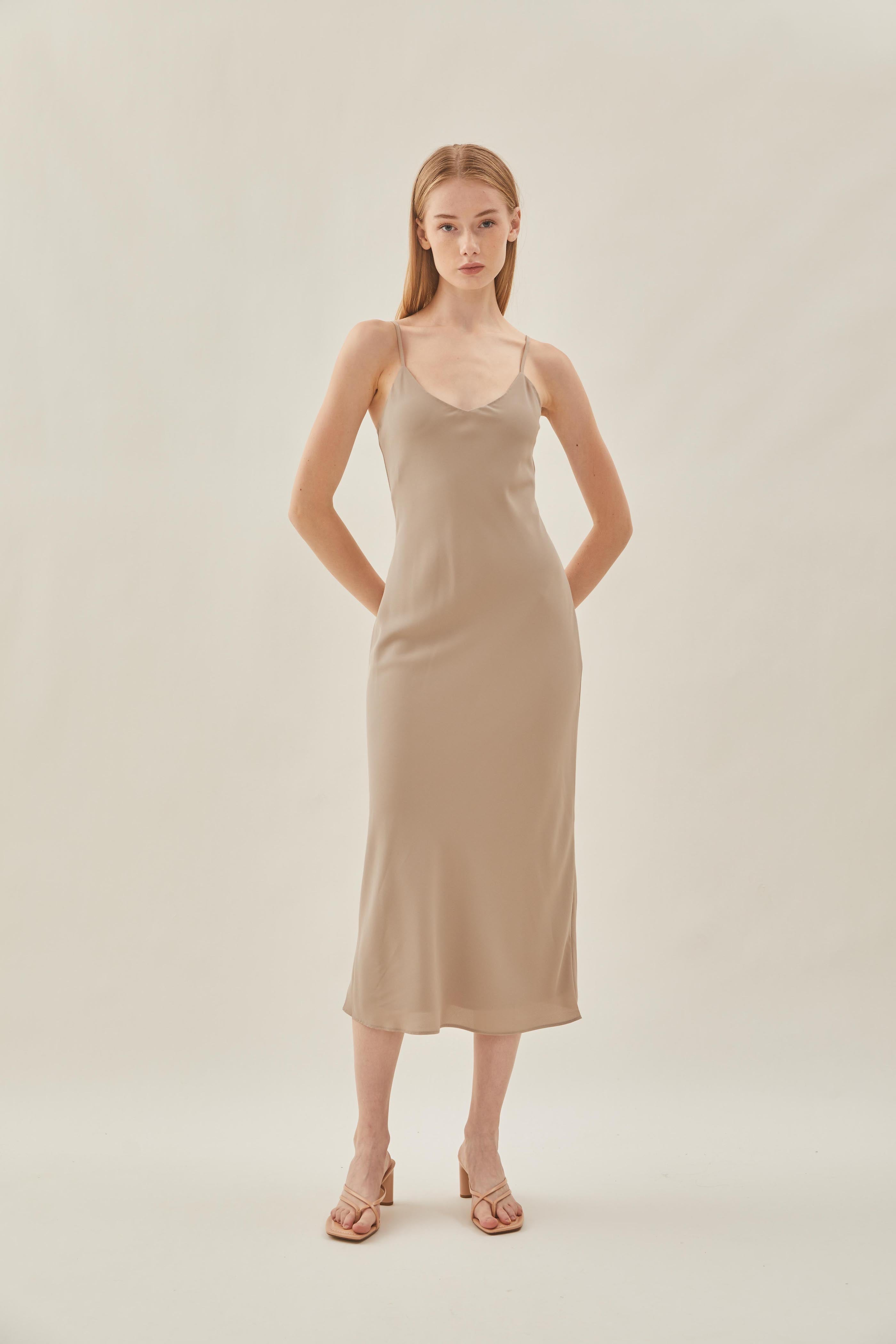 V Neck Slip Dress in Taupe
