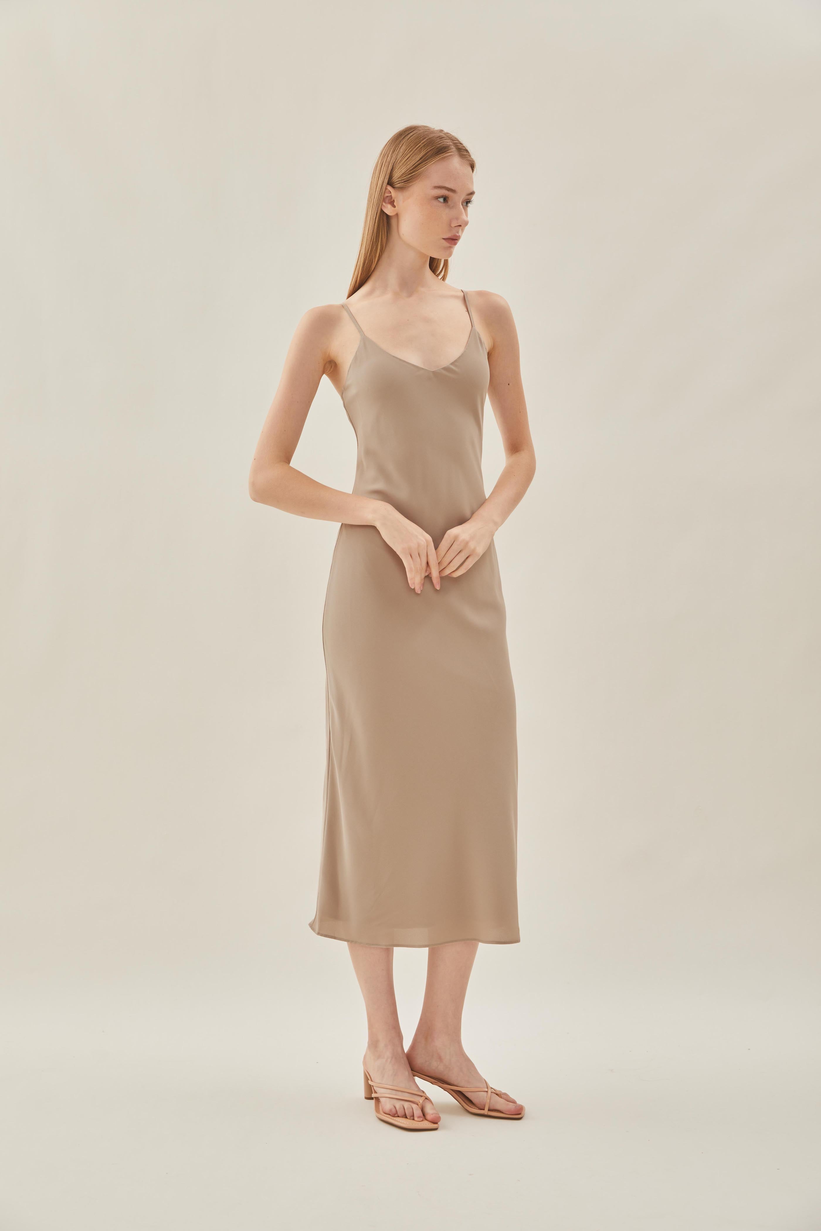 V Neck Slip Dress in Taupe