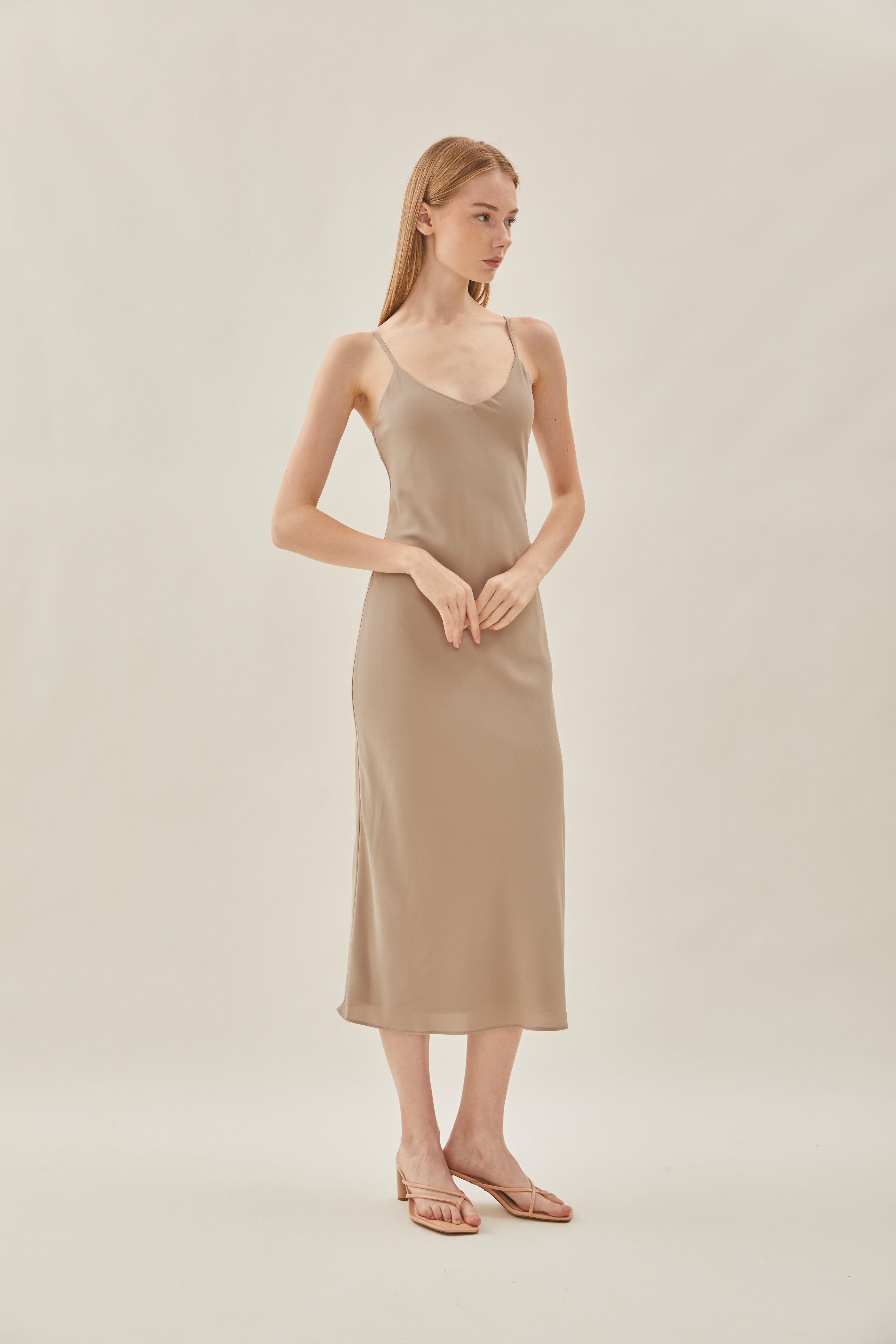 V Neck Slip Dress in Taupe