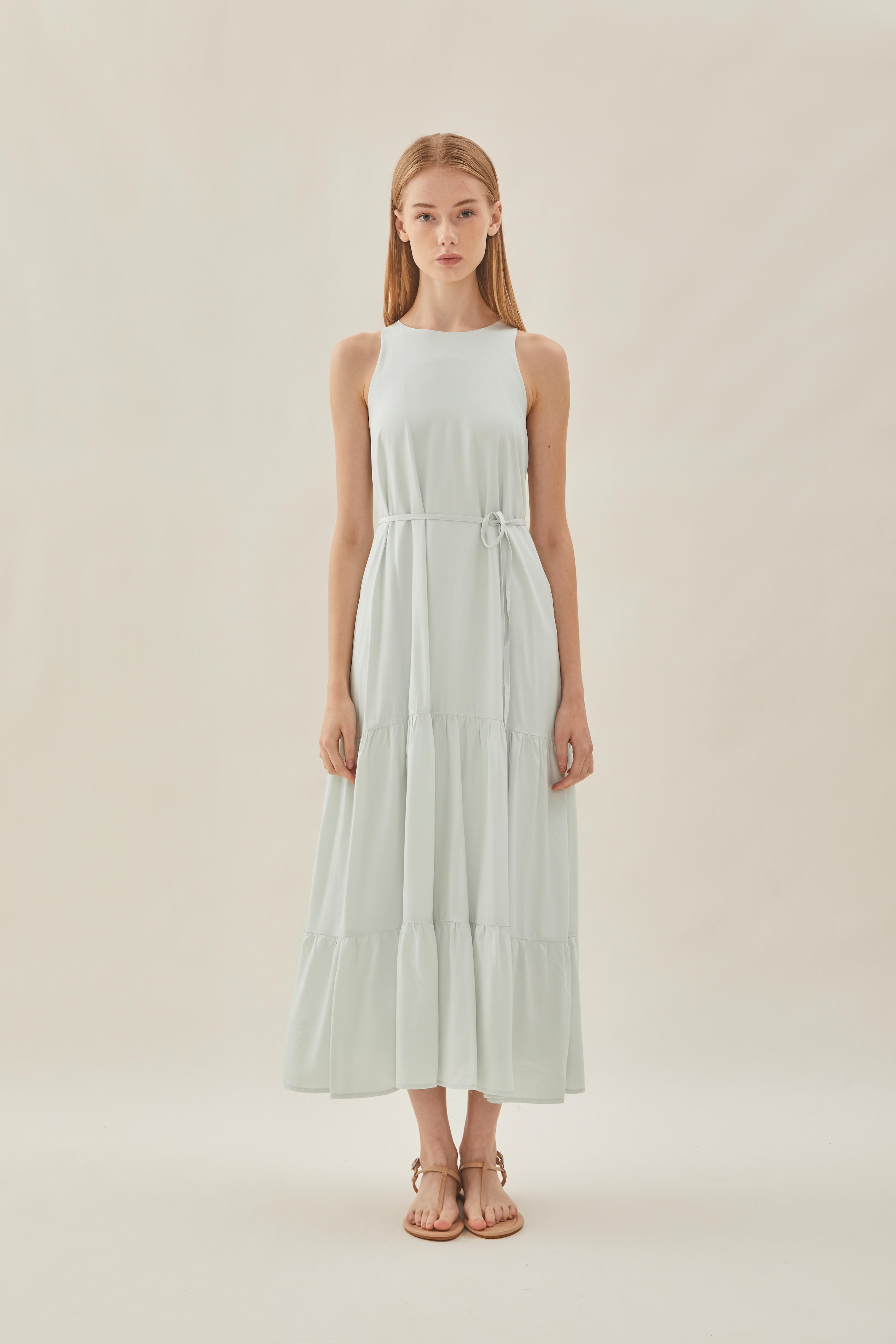 Cotton Blend Tiered Maxi Dress in Fog