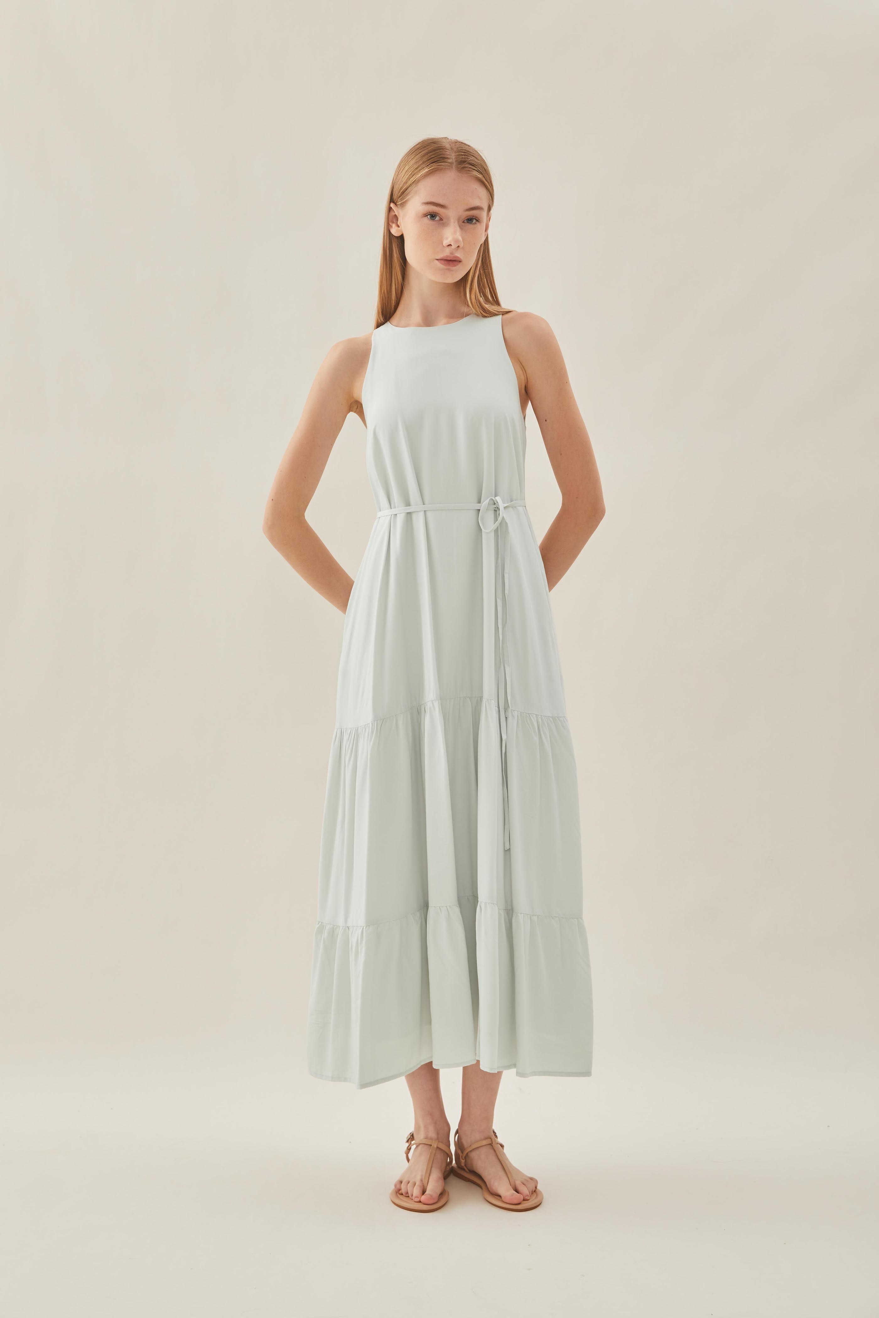 Cotton Blend Tiered Maxi Dress in Fog