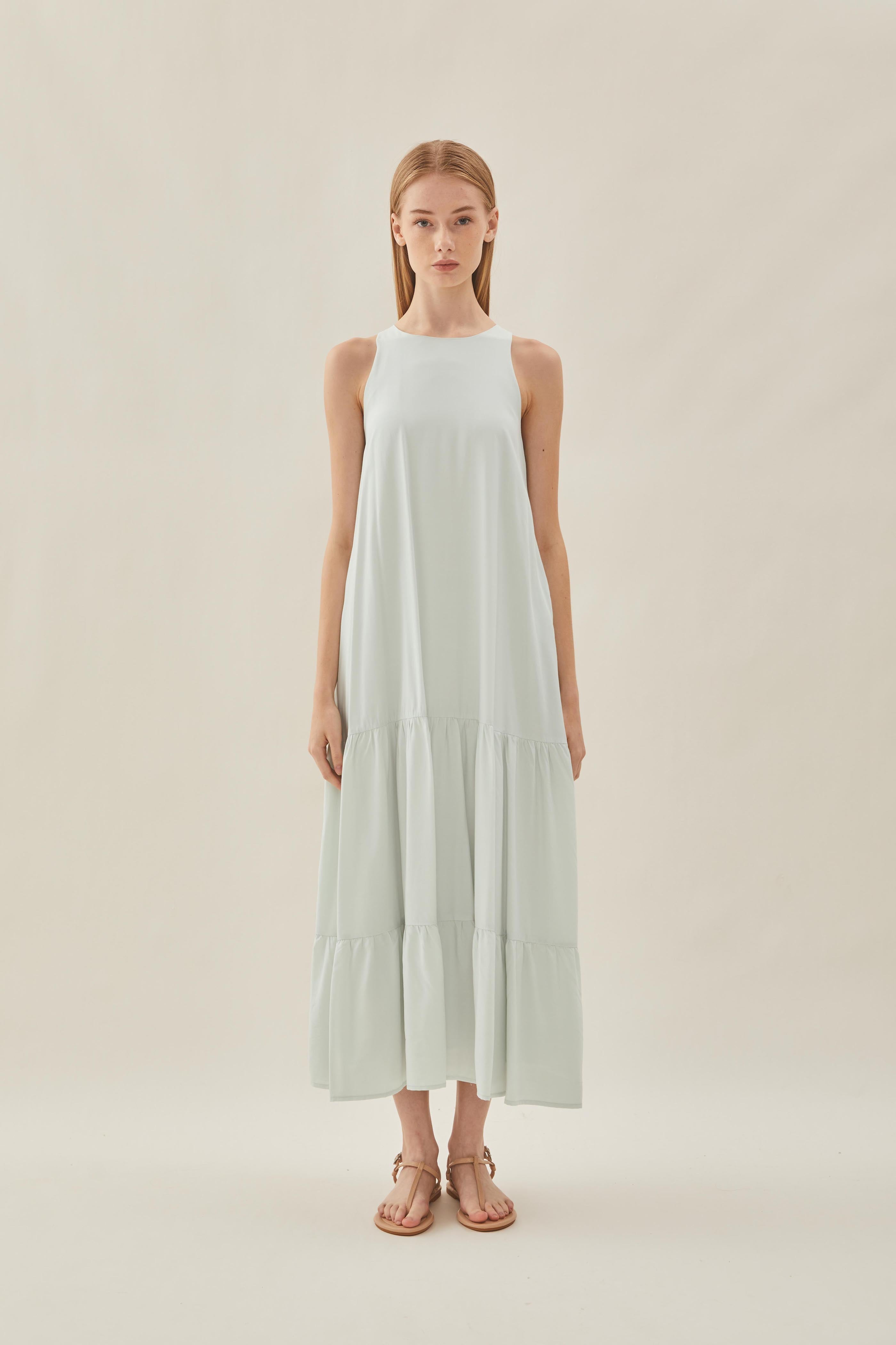 Cotton Blend Tiered Maxi Dress in Fog