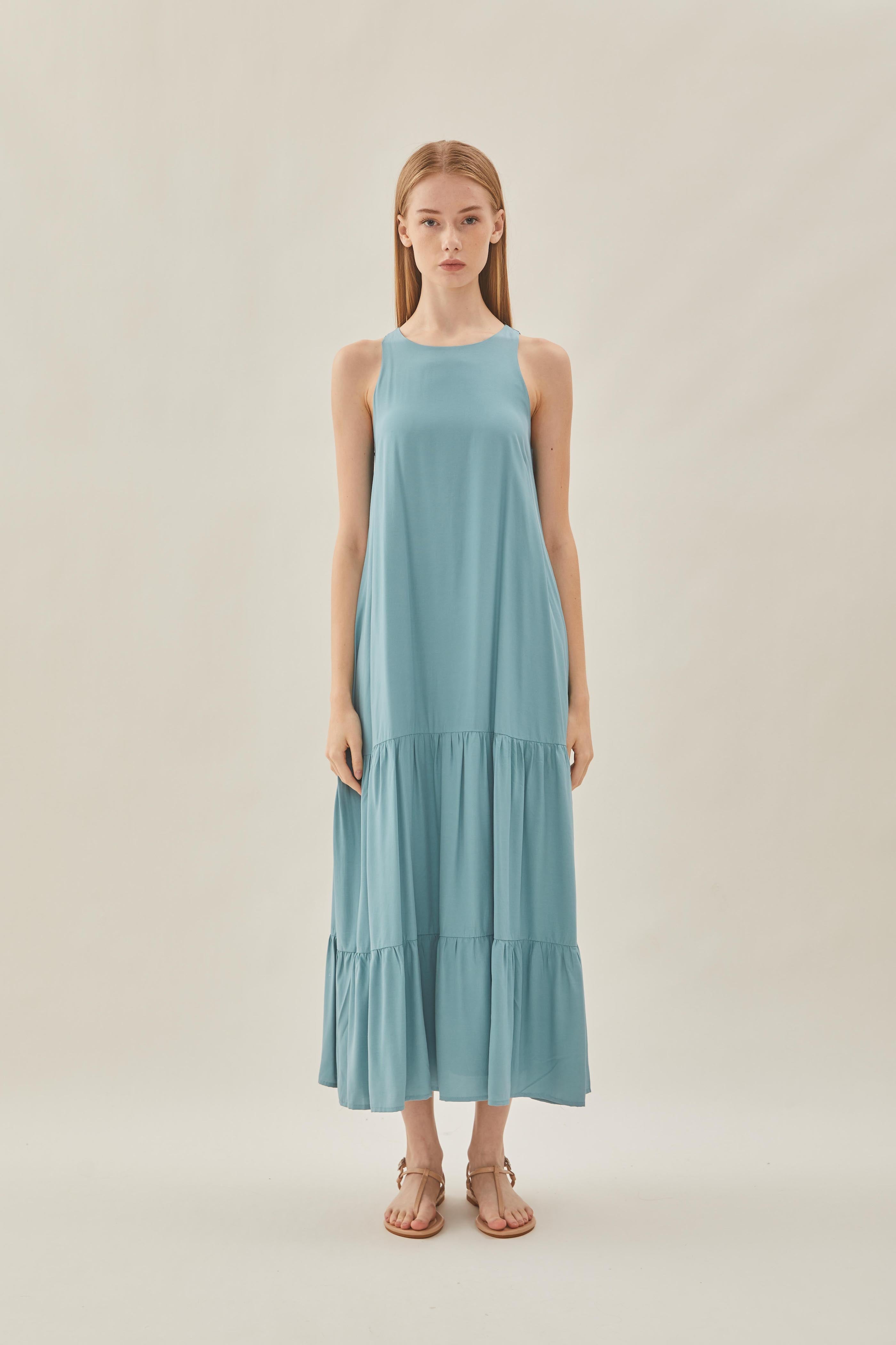 Cotton Blend Tiered Maxi Dress in Ocean