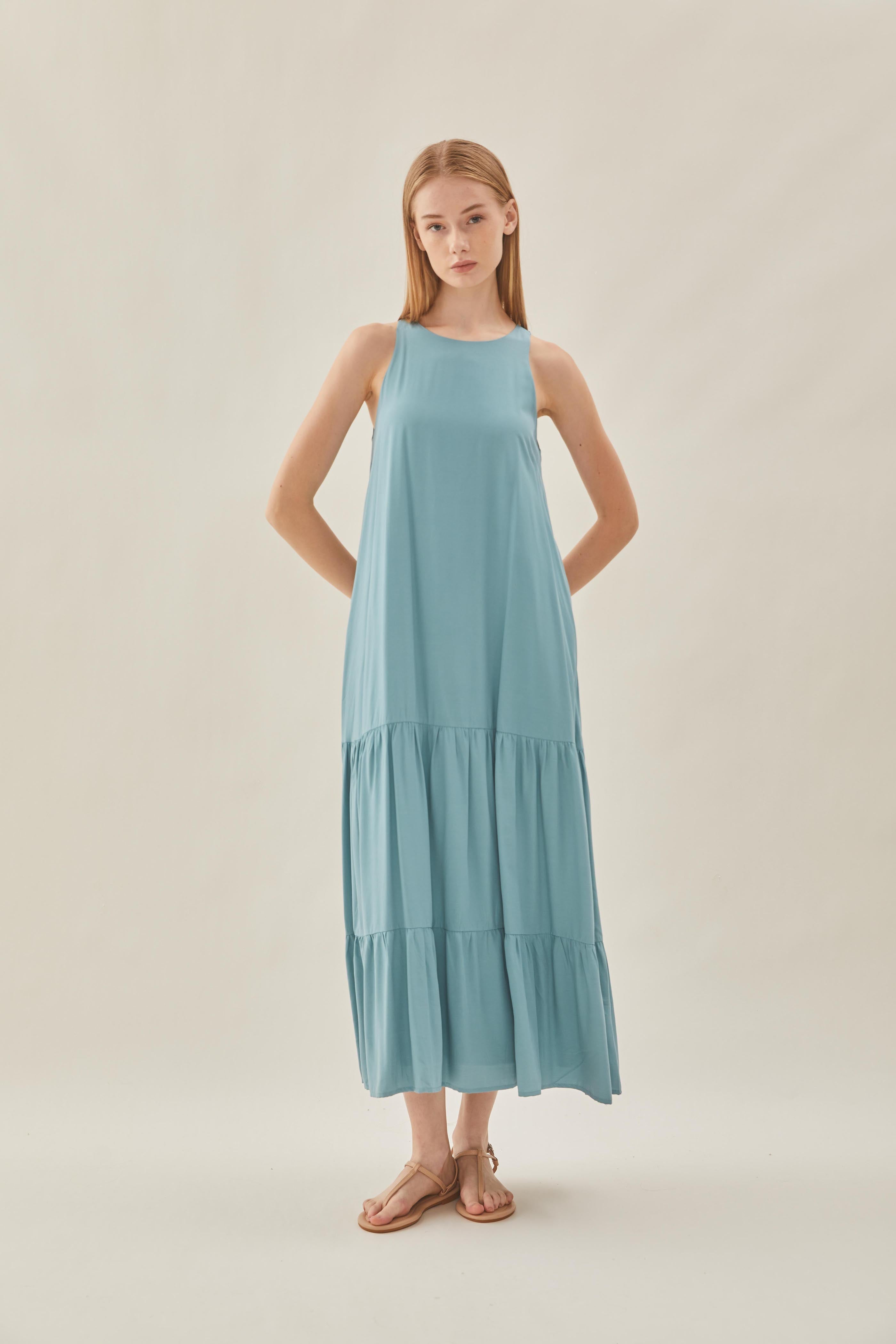 Cotton Blend Tiered Maxi Dress in Ocean