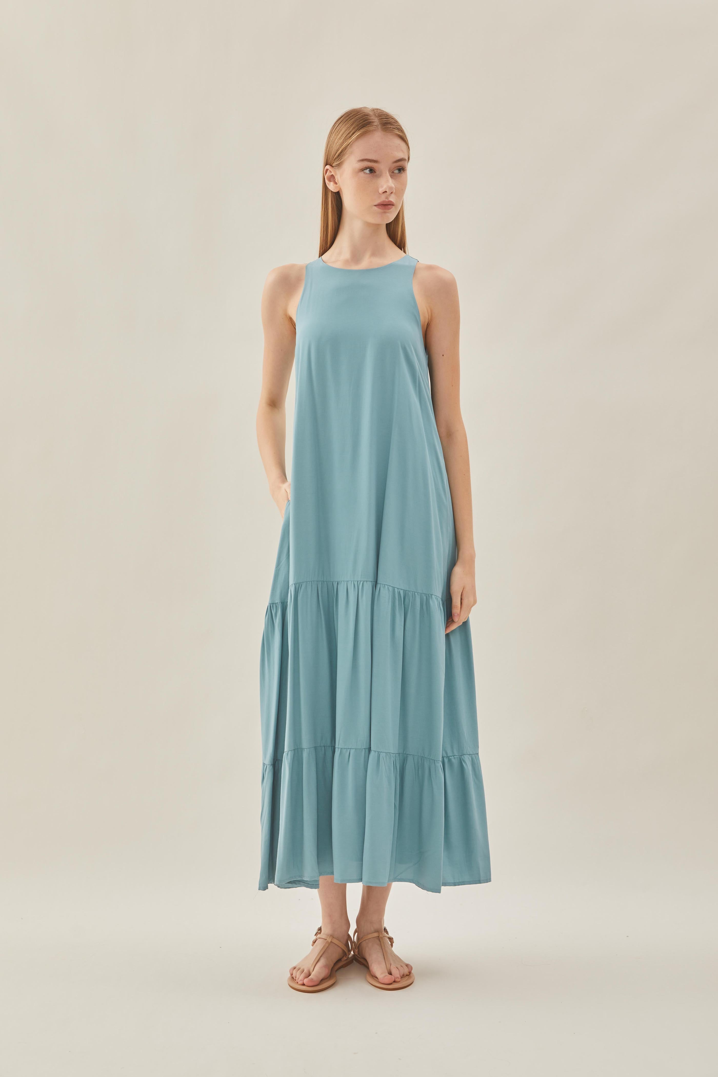 Cotton Blend Tiered Maxi Dress in Ocean