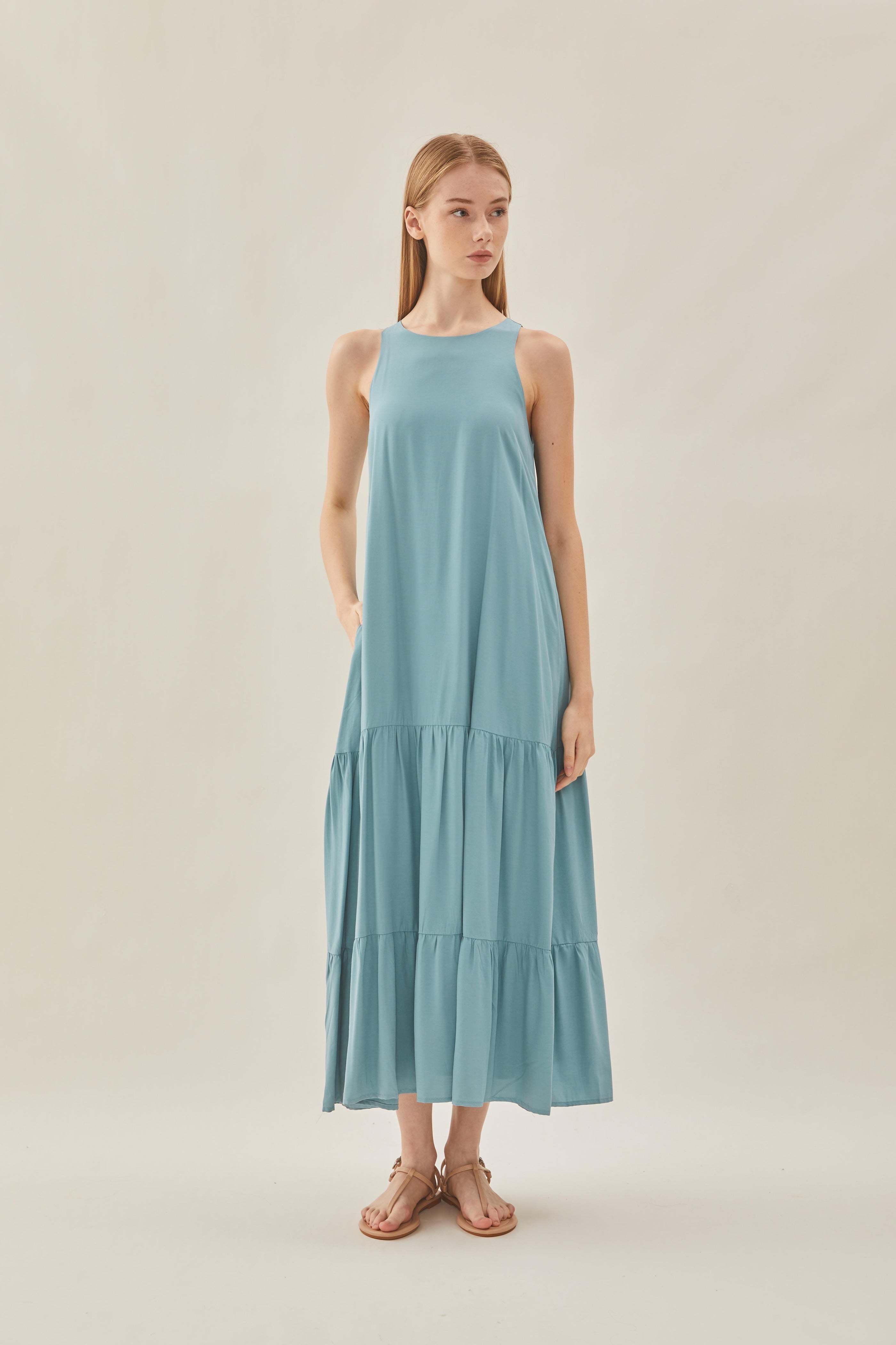 Cotton Blend Tiered Maxi Dress in Ocean