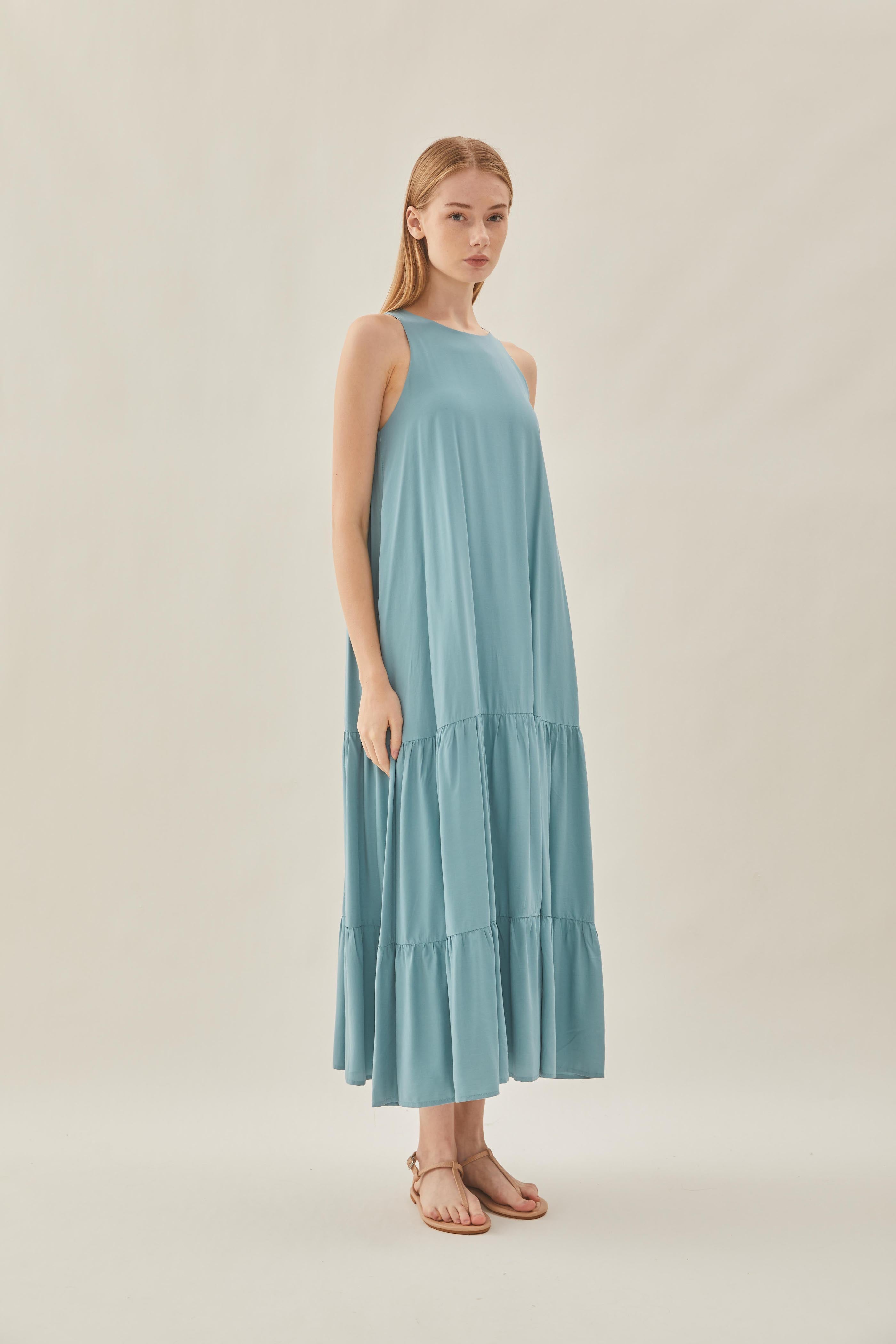 Cotton Blend Tiered Maxi Dress in Ocean