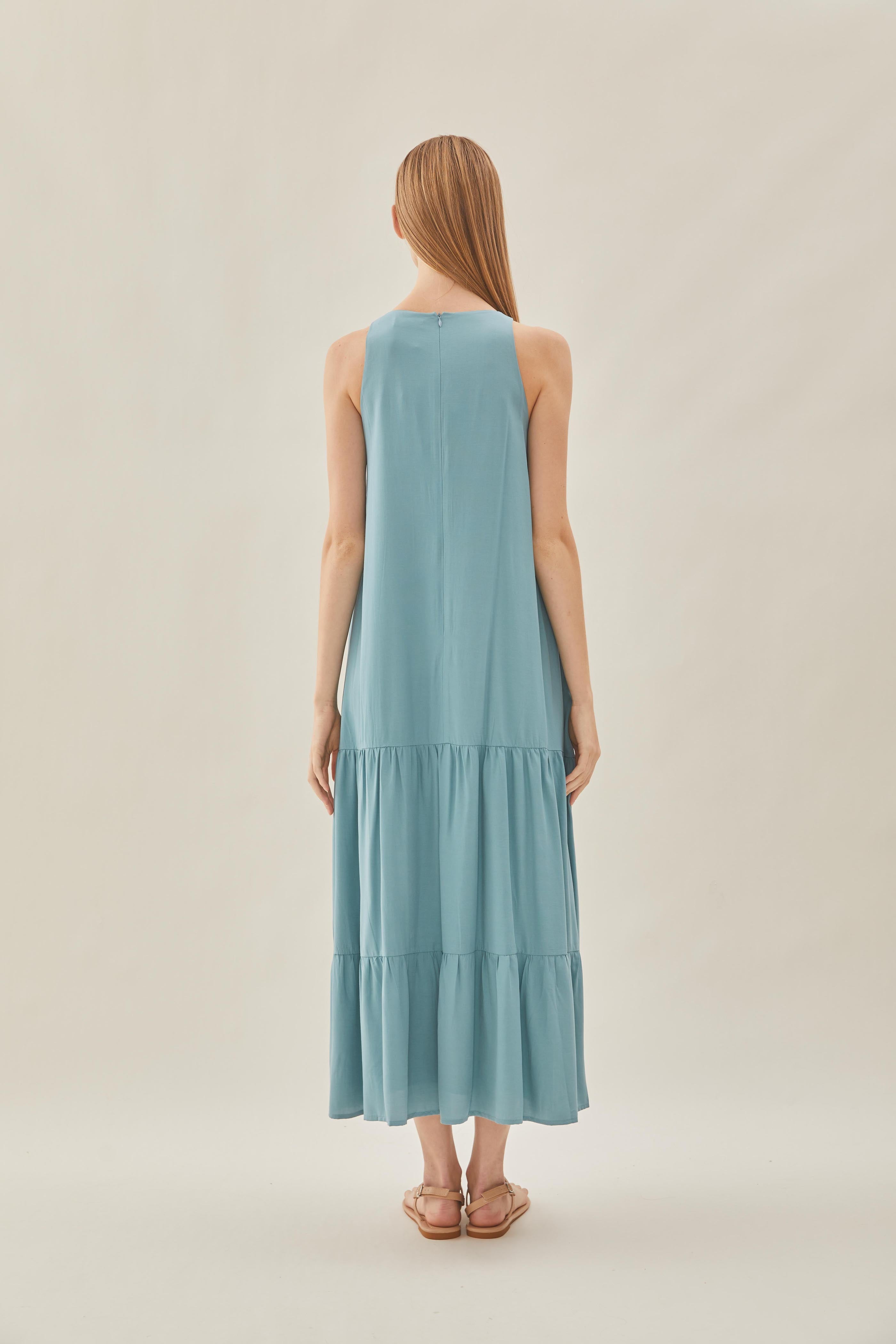 Cotton Blend Tiered Maxi Dress in Ocean