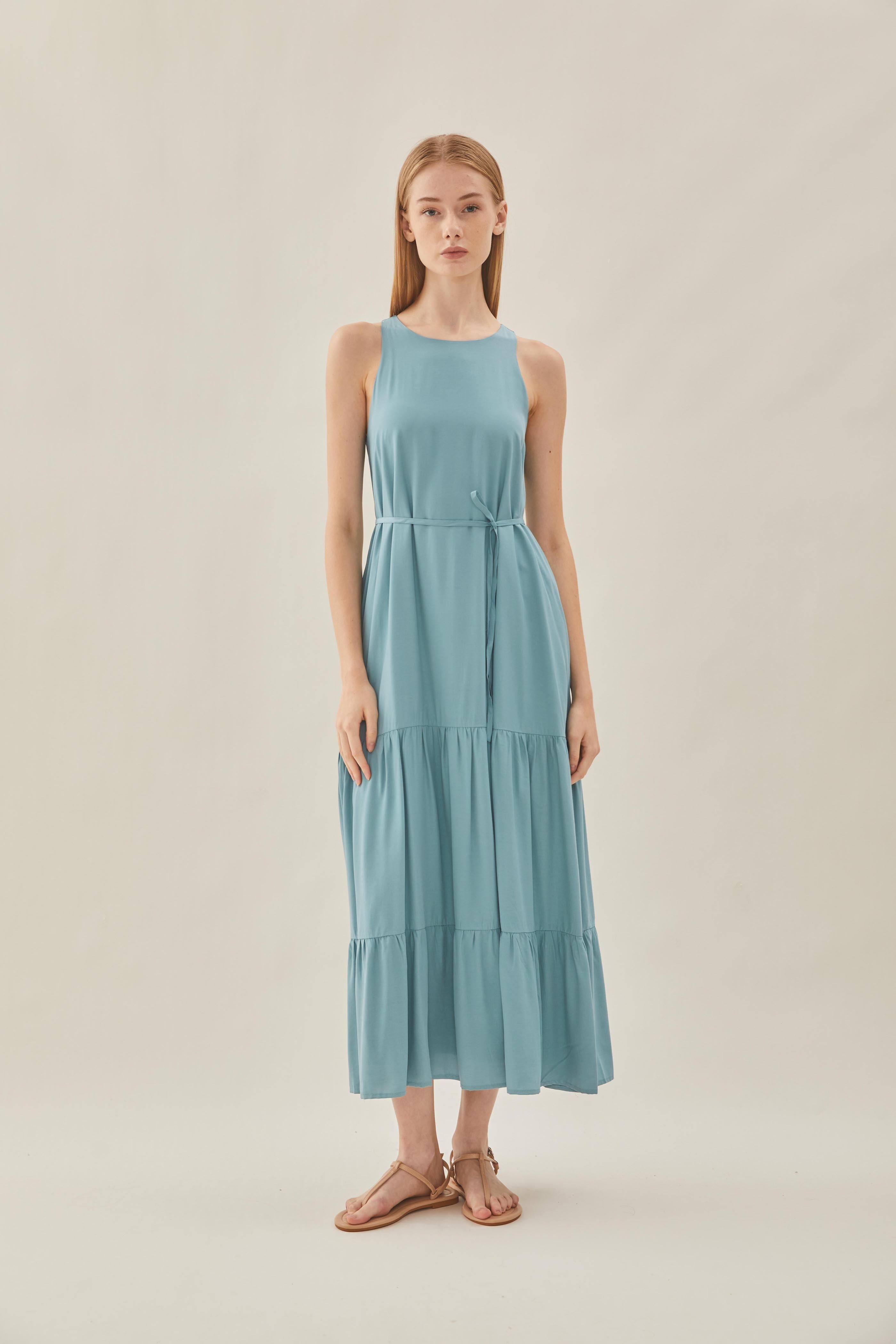 Cotton Blend Tiered Maxi Dress in Ocean