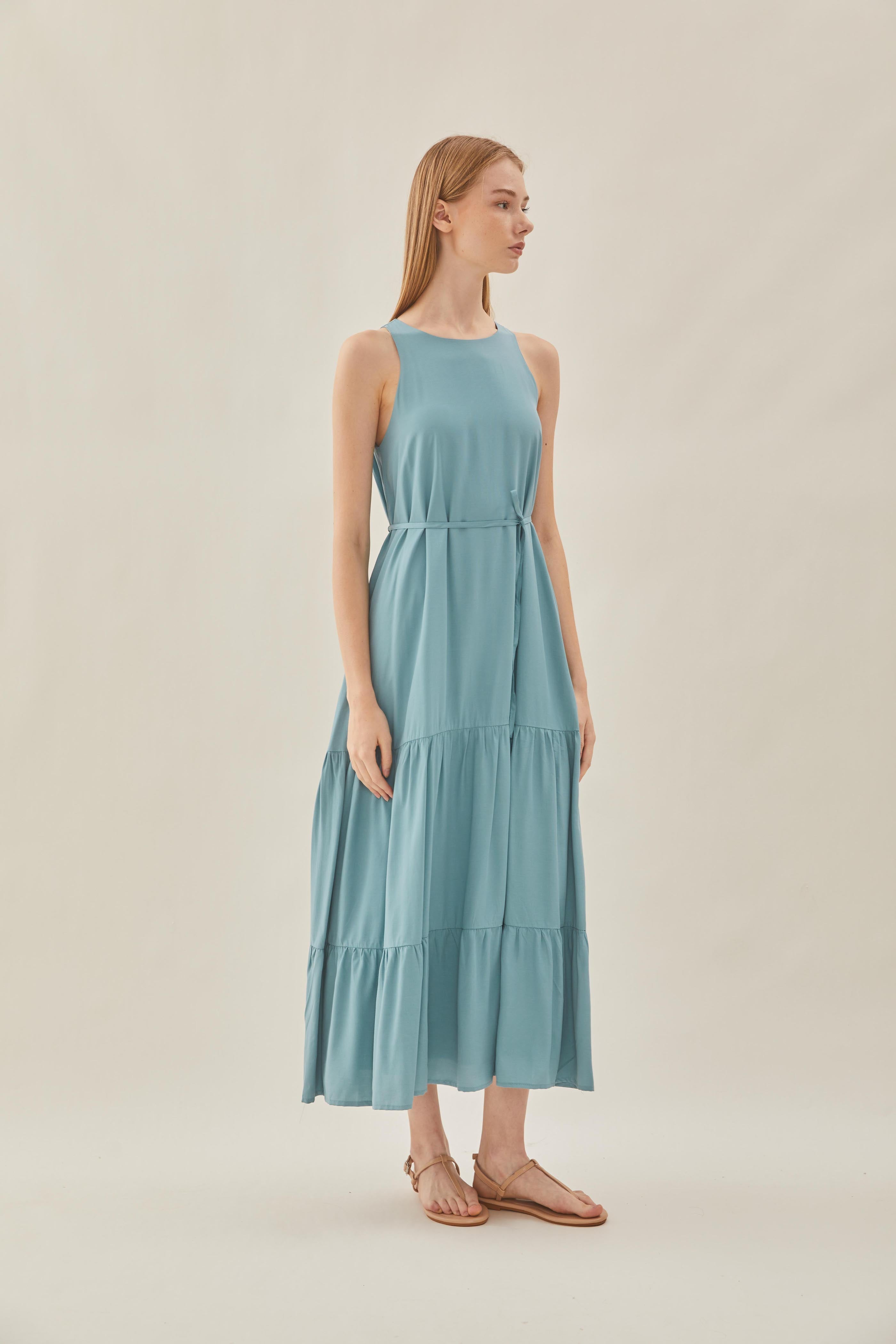 Cotton Blend Tiered Maxi Dress in Ocean