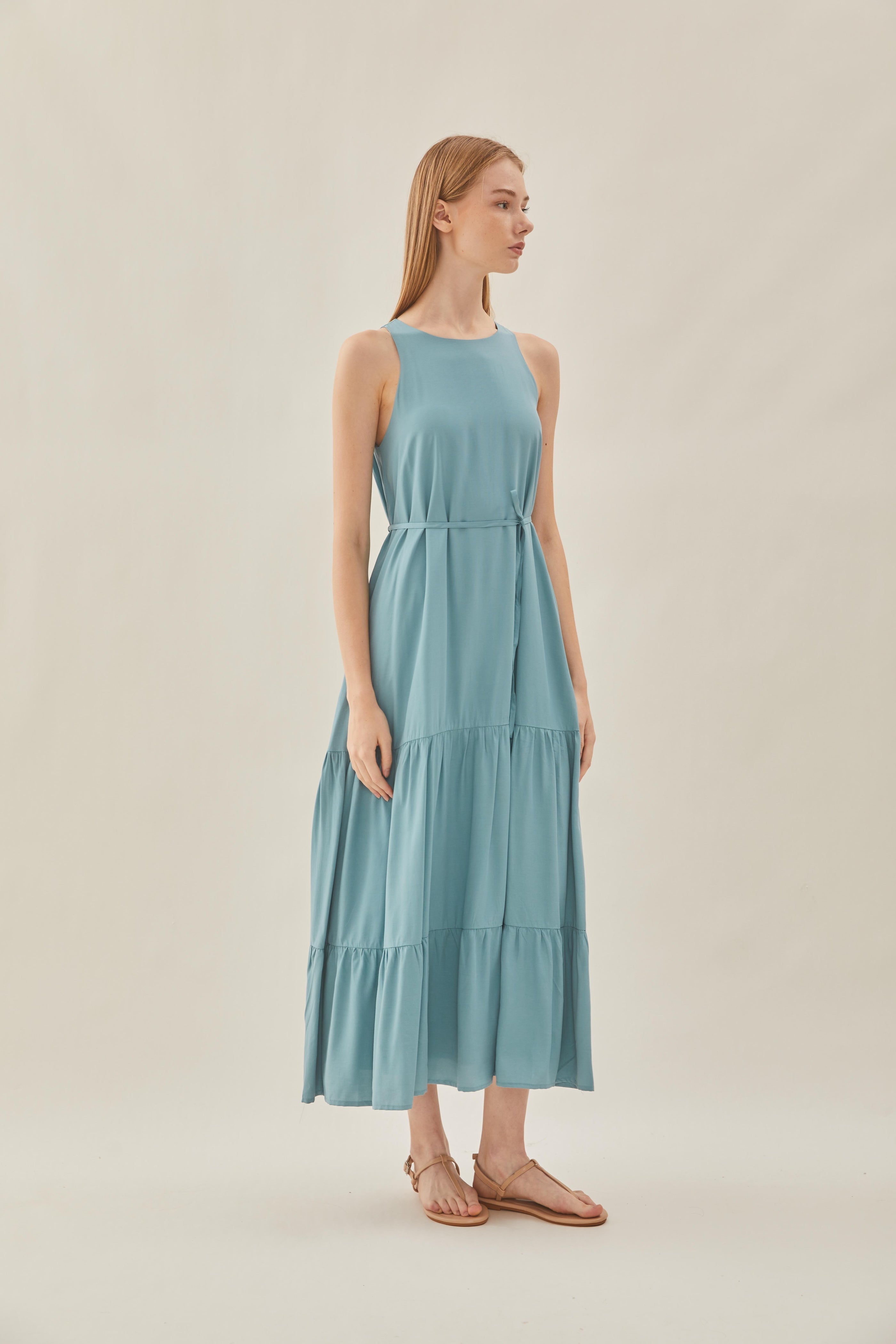 Cotton Blend Tiered Maxi Dress in Ocean