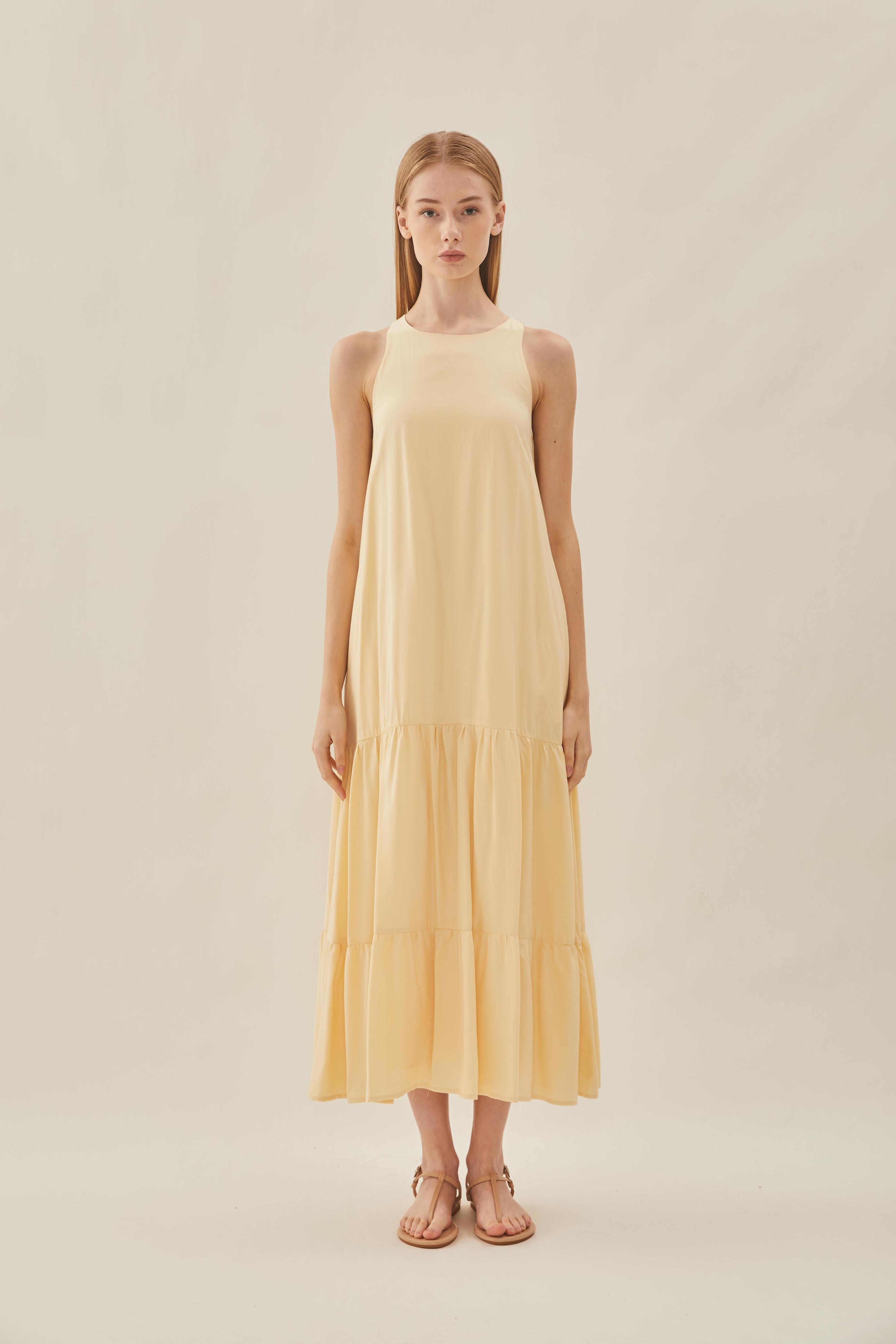 Cotton Blend Tiered Maxi Dress in Soft Yellow