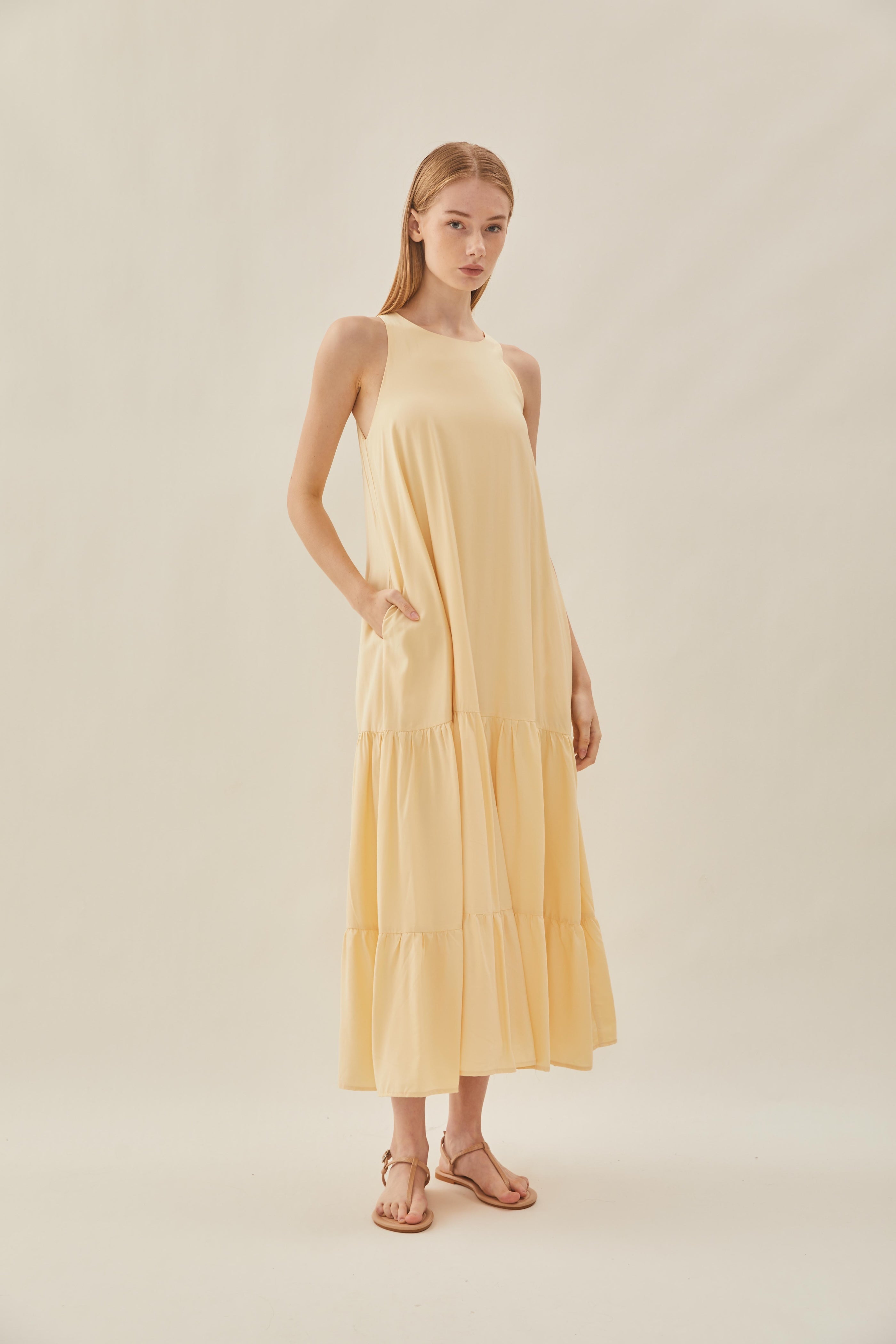 Cotton Blend Tiered Maxi Dress in Soft Yellow