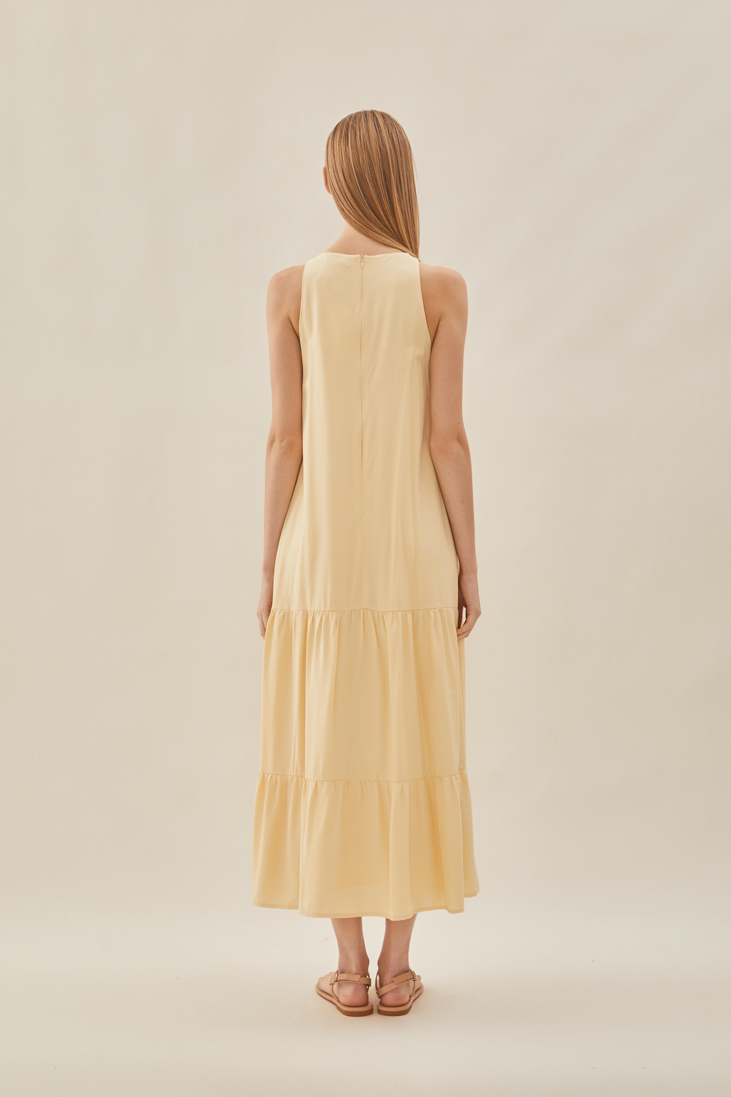 Cotton Blend Tiered Maxi Dress in Soft Yellow